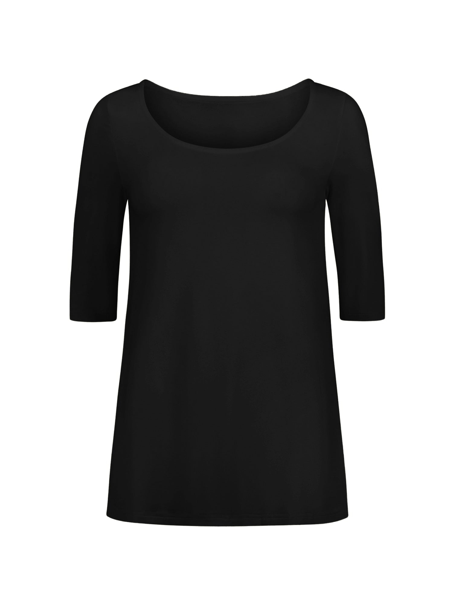 Black t-shirt with three-quarter sleeves on a white background