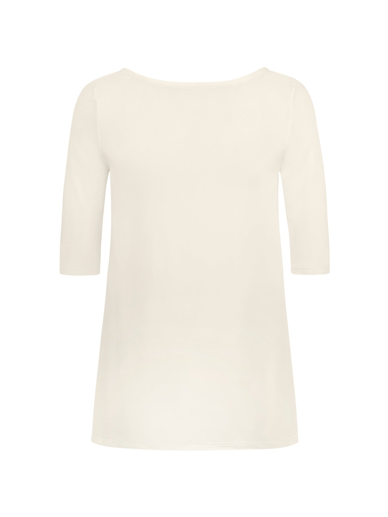 reversible cream mid sleeve t-shirt with scoop and boat necklines, a-line long line body, women's bamboo clothing