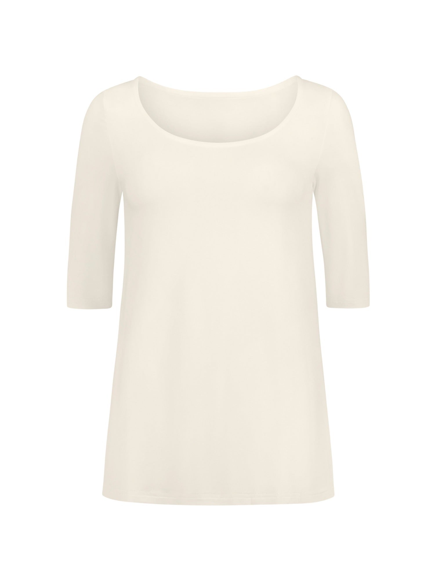 reversible cream mid sleeve t-shirt with scoop and boat necklines, a-line long line body, women's bamboo clothing
