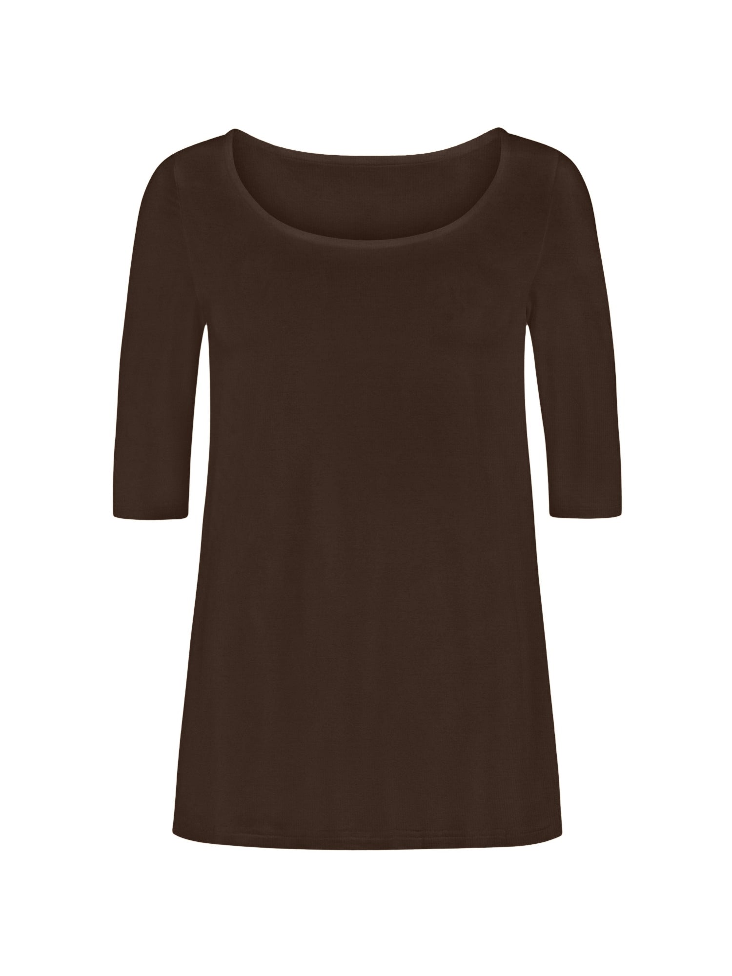 reversible cocoa brown mid sleeve t-shirt with scoop and boat necklines, a-line long line body, women's bamboo clothing
