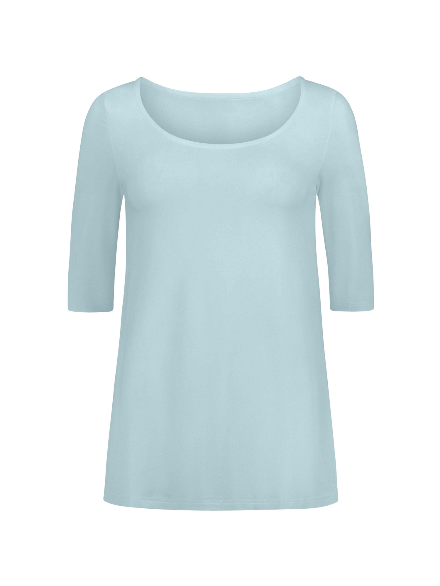 Bamboo light topaz blue mid sleeve t-shirt with a scoop neckline on a white background