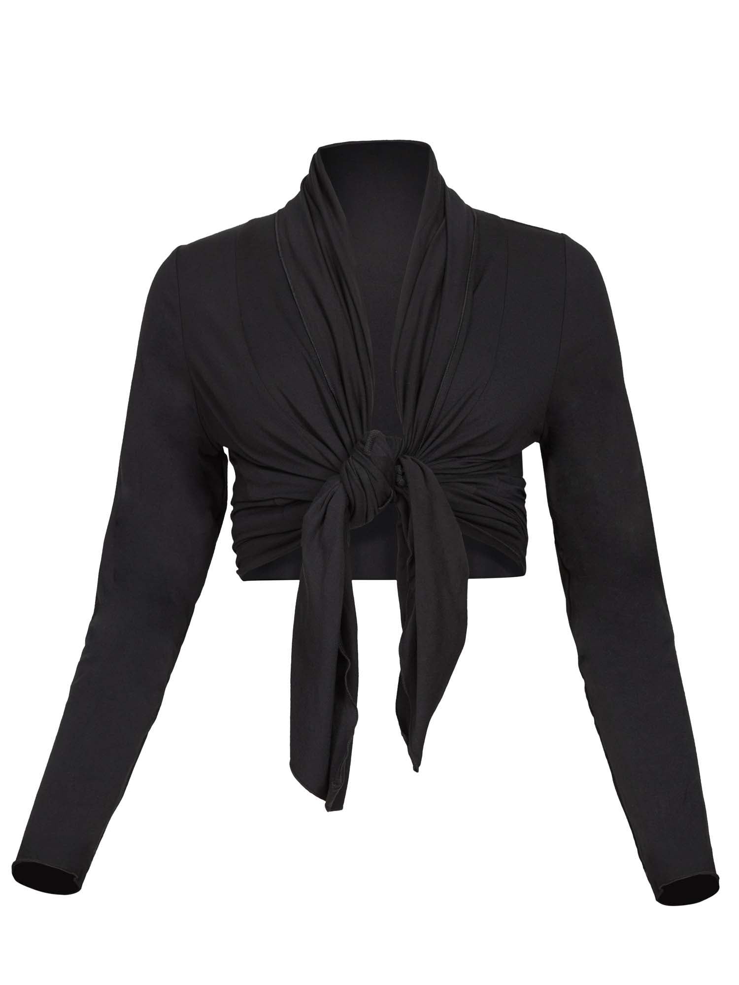 Model wearing convertible black mid cardigan, worn tied at front or worn open with long fitted sleeves, women's bamboo clothing