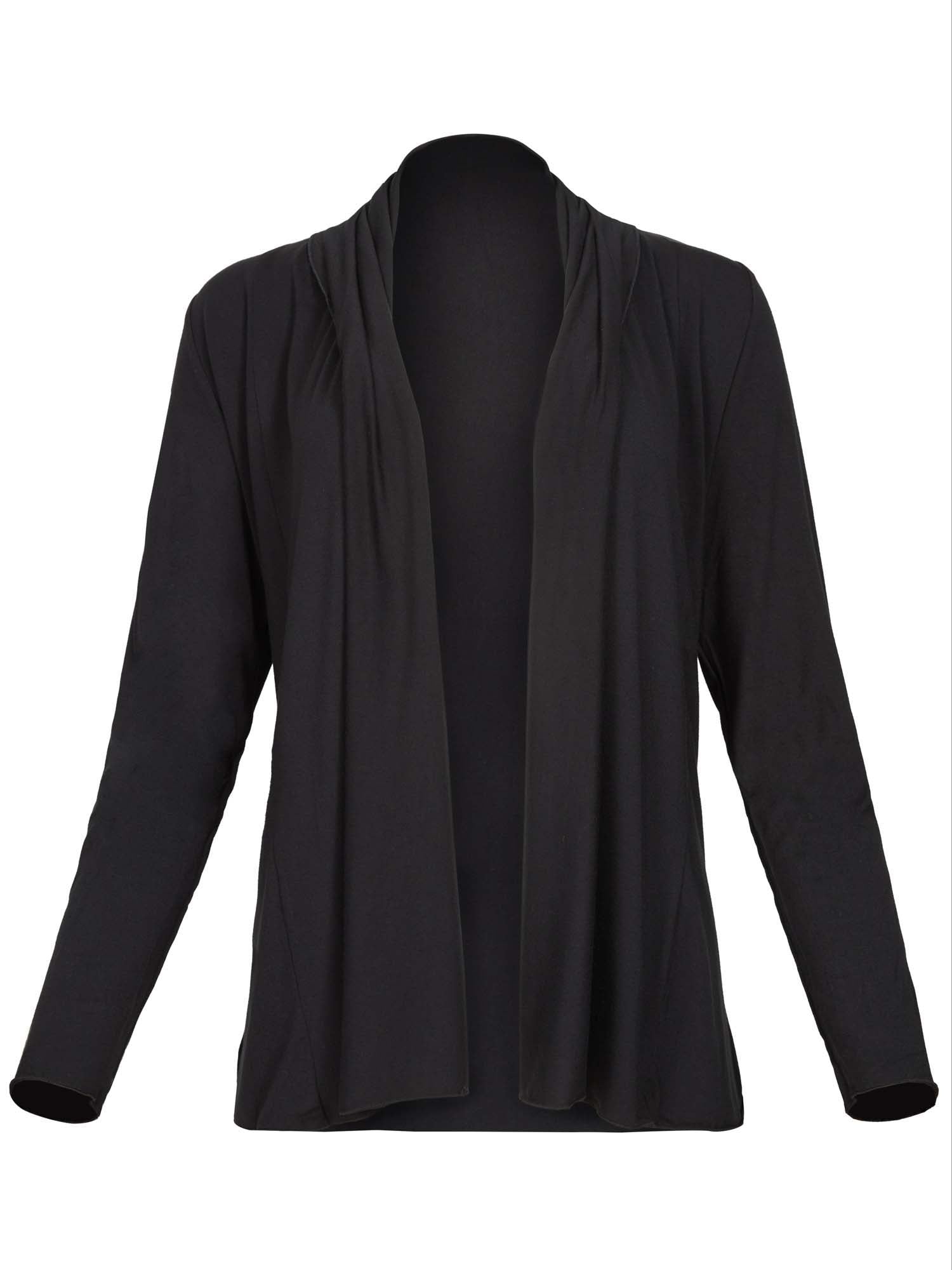 Model wearing convertible black mid cardigan, worn tied at front or worn open with long fitted sleeves, women's bamboo clothing