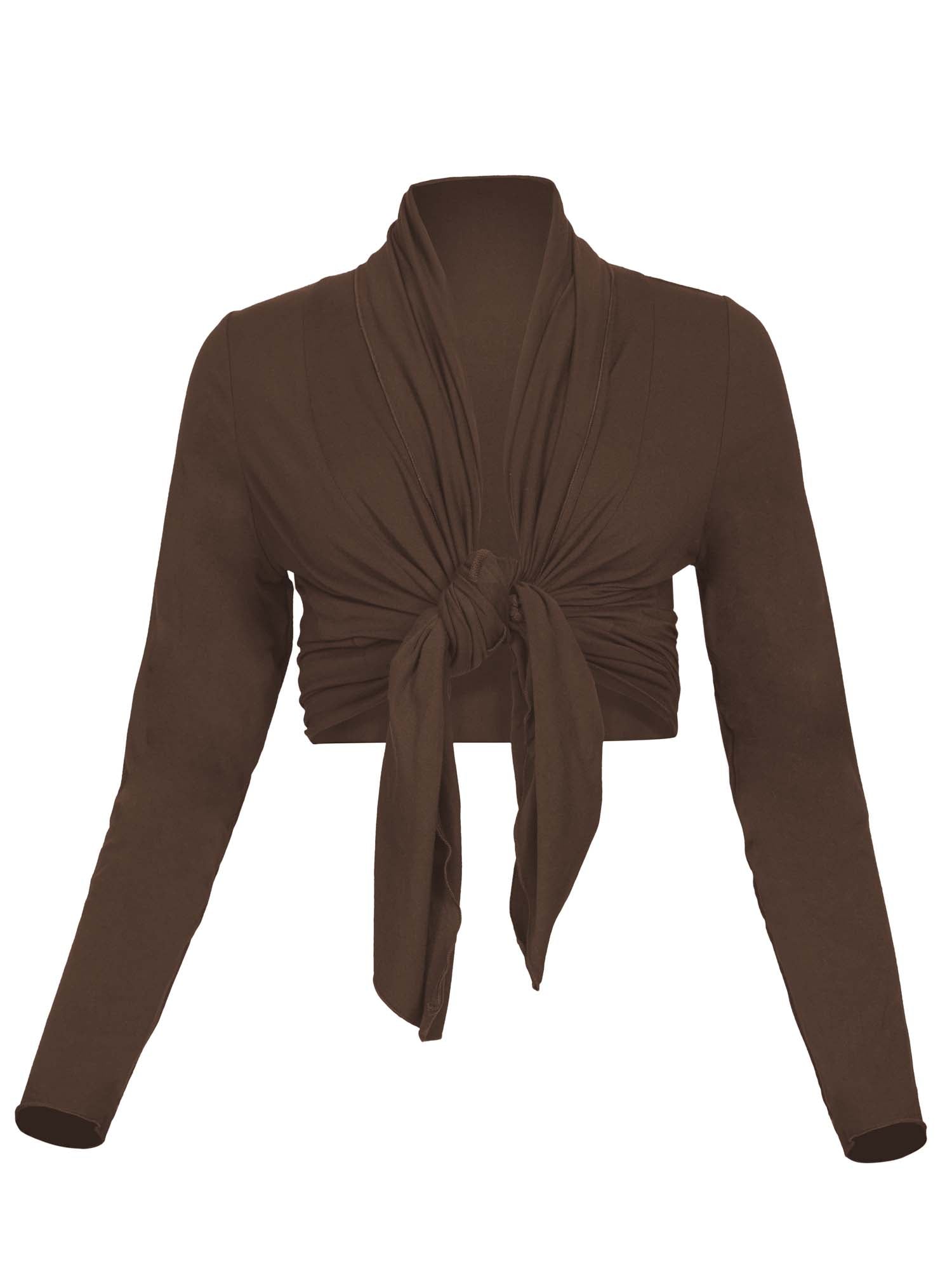 Model wearing convertible cocoa brown mid cardigan, worn tied at front or worn open with long fitted sleeves, women's bamboo clothing