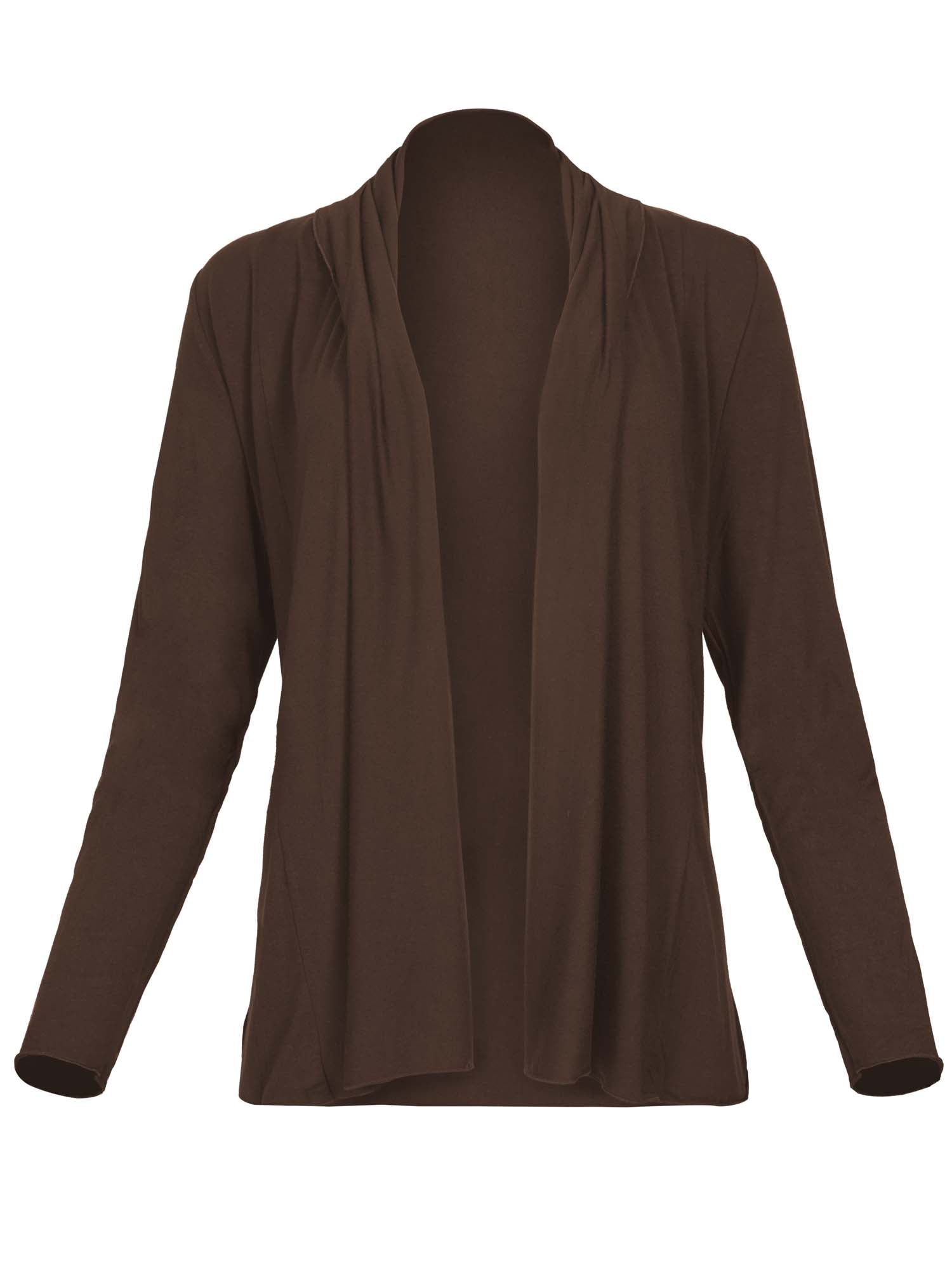 Model wearing convertible cocoa brown mid cardigan, worn tied at front or worn open with long fitted sleeves, women's bamboo clothing