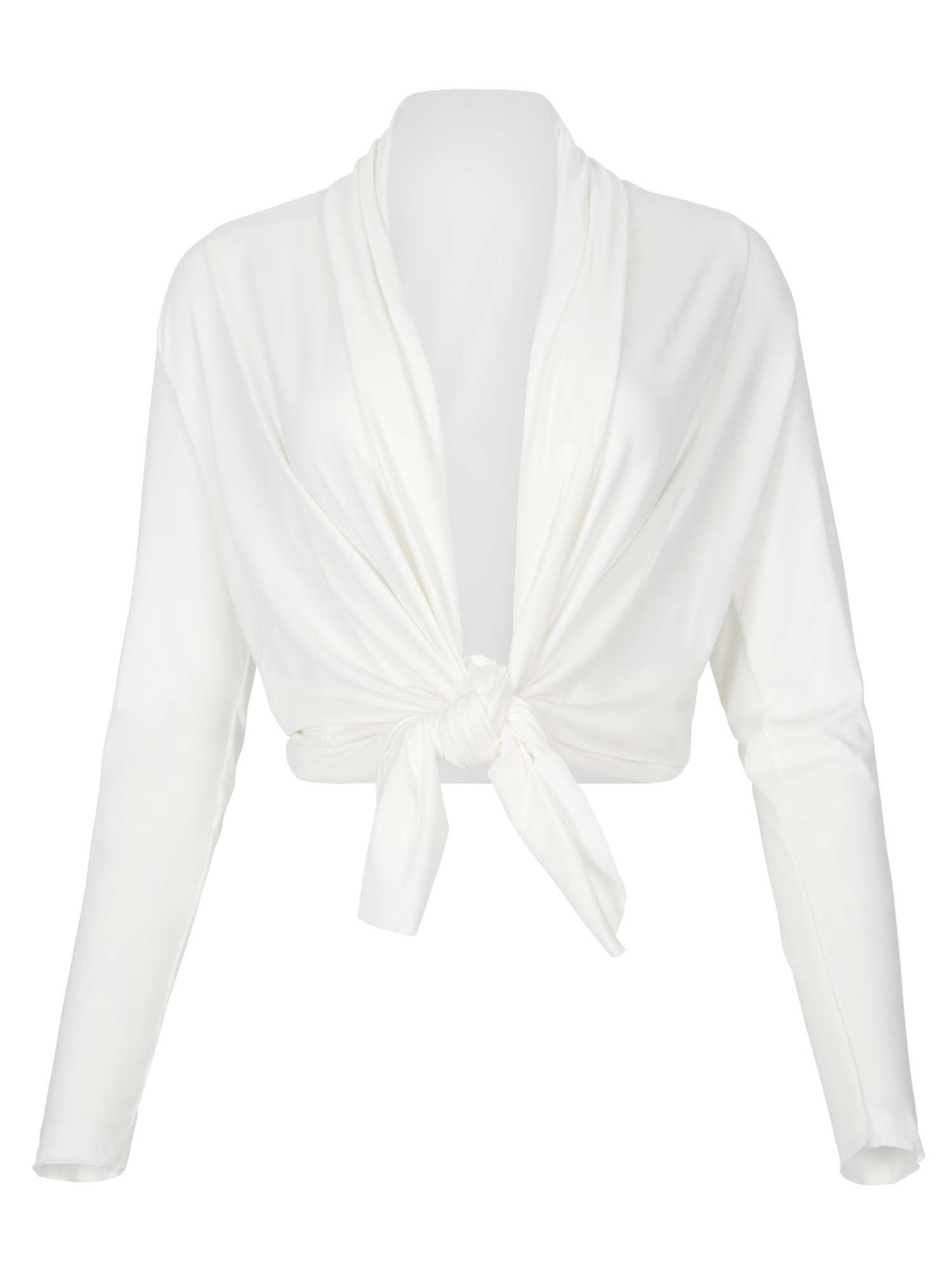 Model wearing convertible cream mid cardigan, worn tied at front or worn open with long fitted sleeves, women's bamboo clothing
