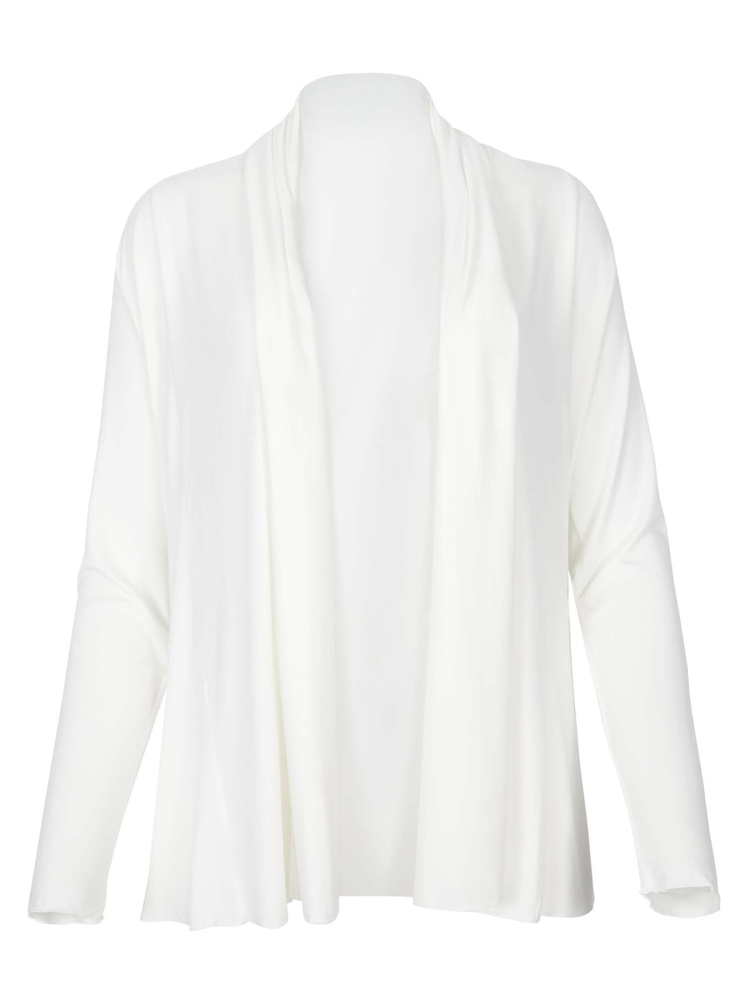 Model wearing convertible cream mid cardigan, worn tied at front or worn open with long fitted sleeves, women's bamboo clothing