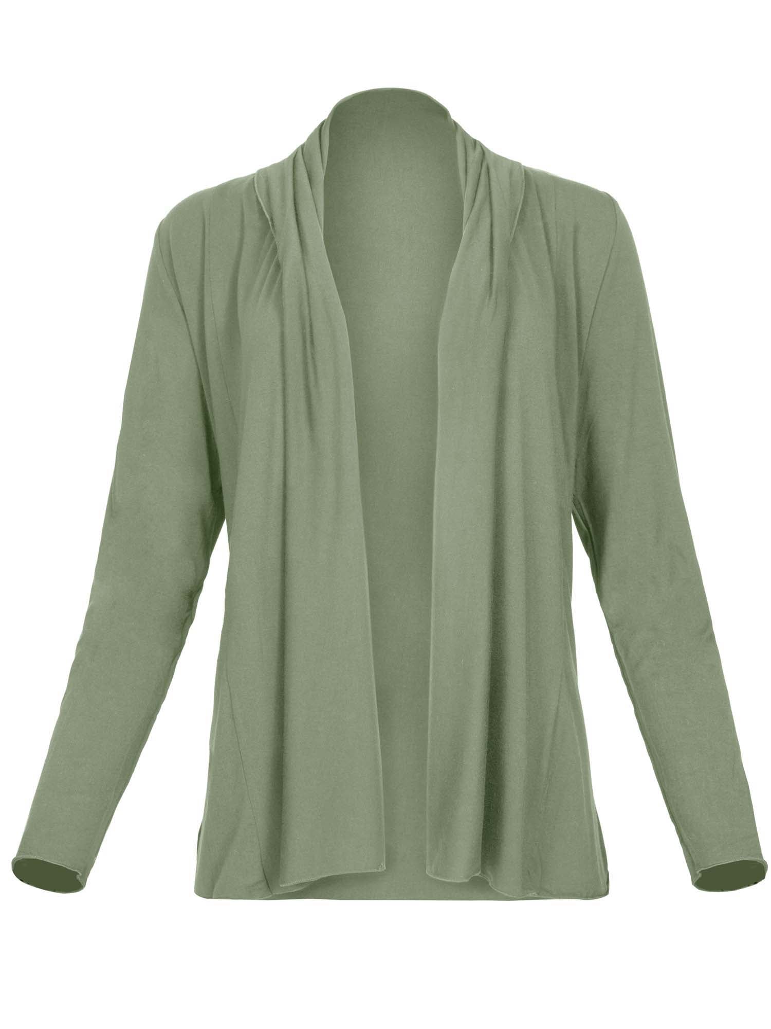 Model wearing convertible eucalyptus green mid cardigan, worn tied at front or worn open with long fitted sleeves, women's bamboo clothing