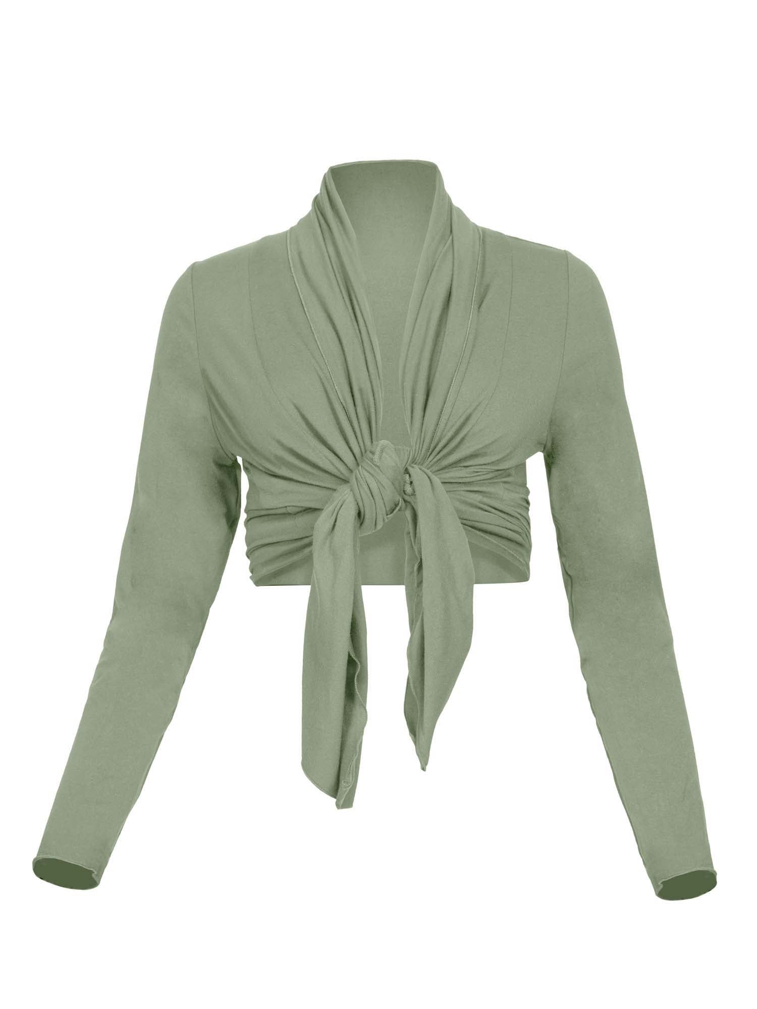 Model wearing convertible eucalyptus green mid cardigan, worn tied at front or worn open with long fitted sleeves, women's bamboo clothing