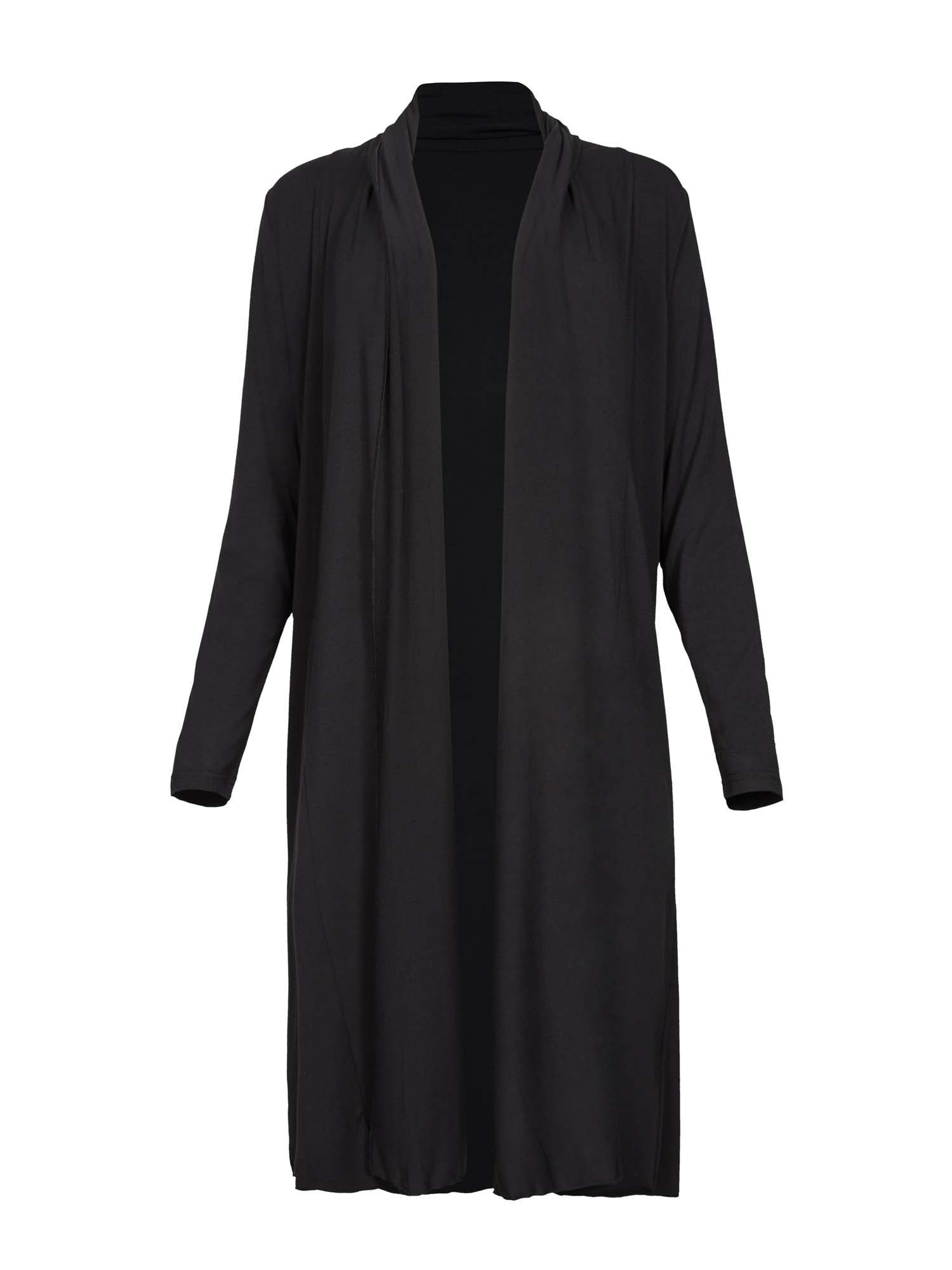 Model wearing black long cardigan, below knee length jacket with long fitted sleeves, women's bamboo clothing