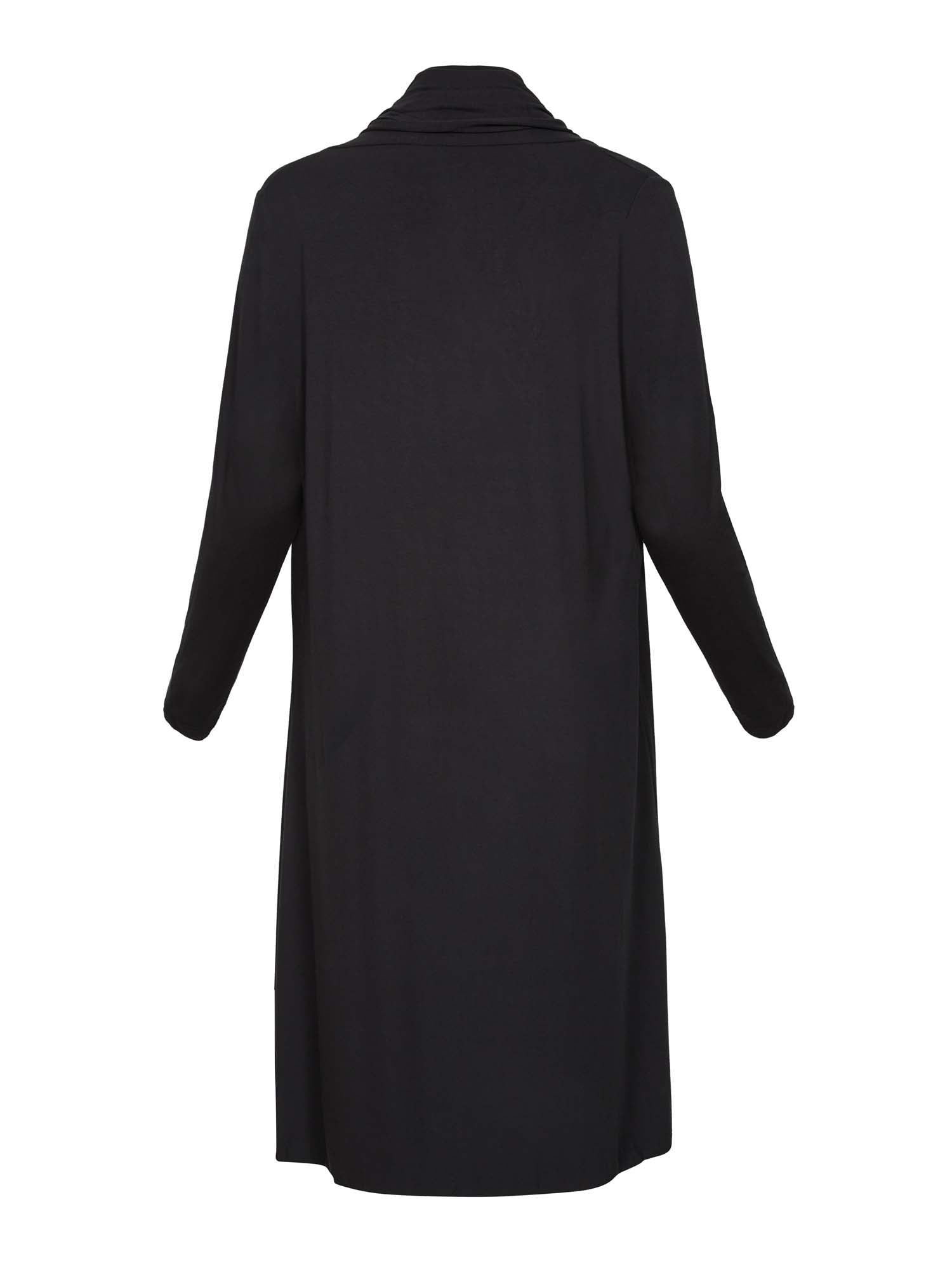 Model wearing black long cardigan, below knee length jacket with long fitted sleeves, women's bamboo clothing