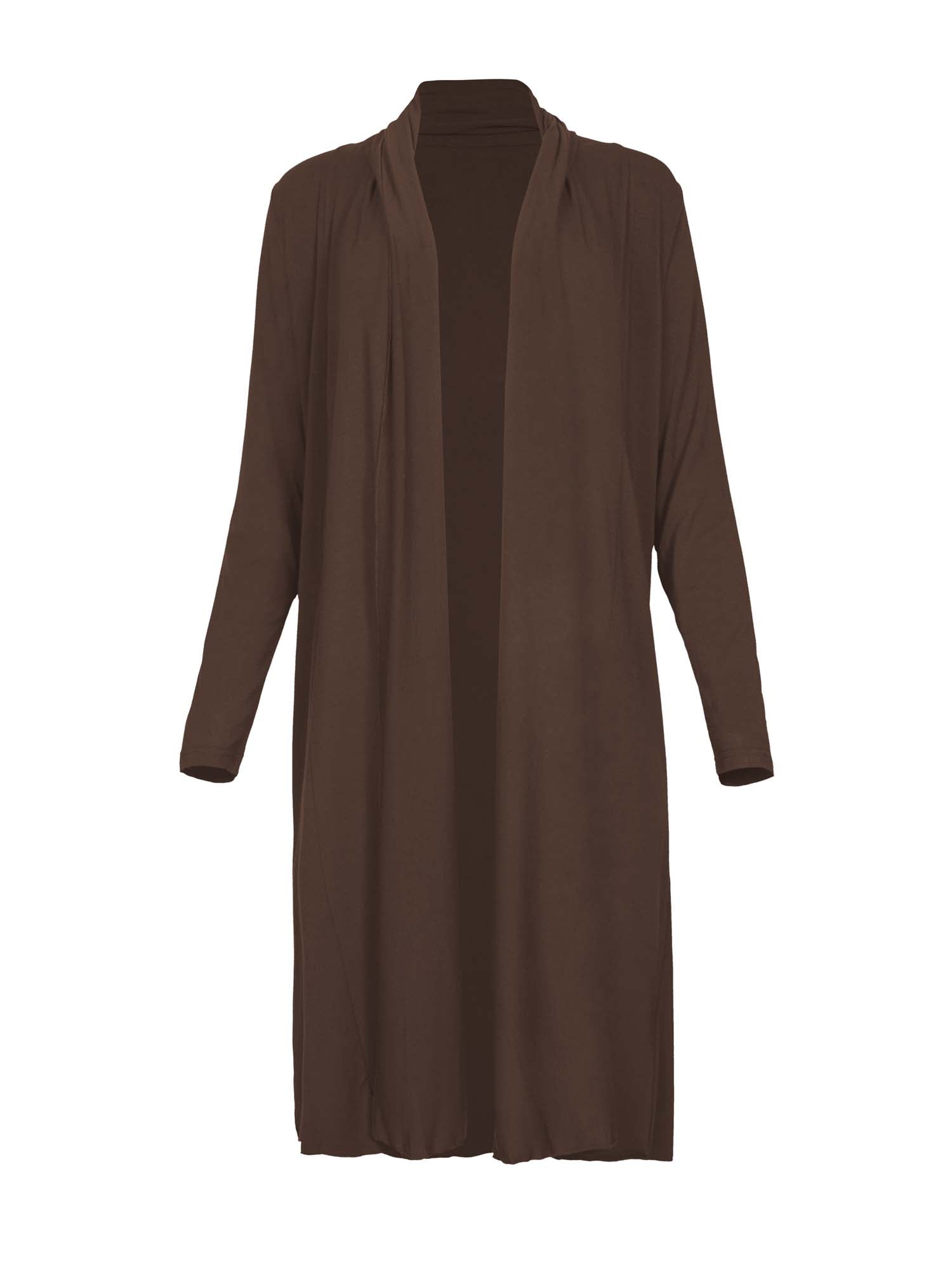 Model wearing cocoa brown long cardigan, below knee length jacket with long fitted sleeves, women's bamboo clothing