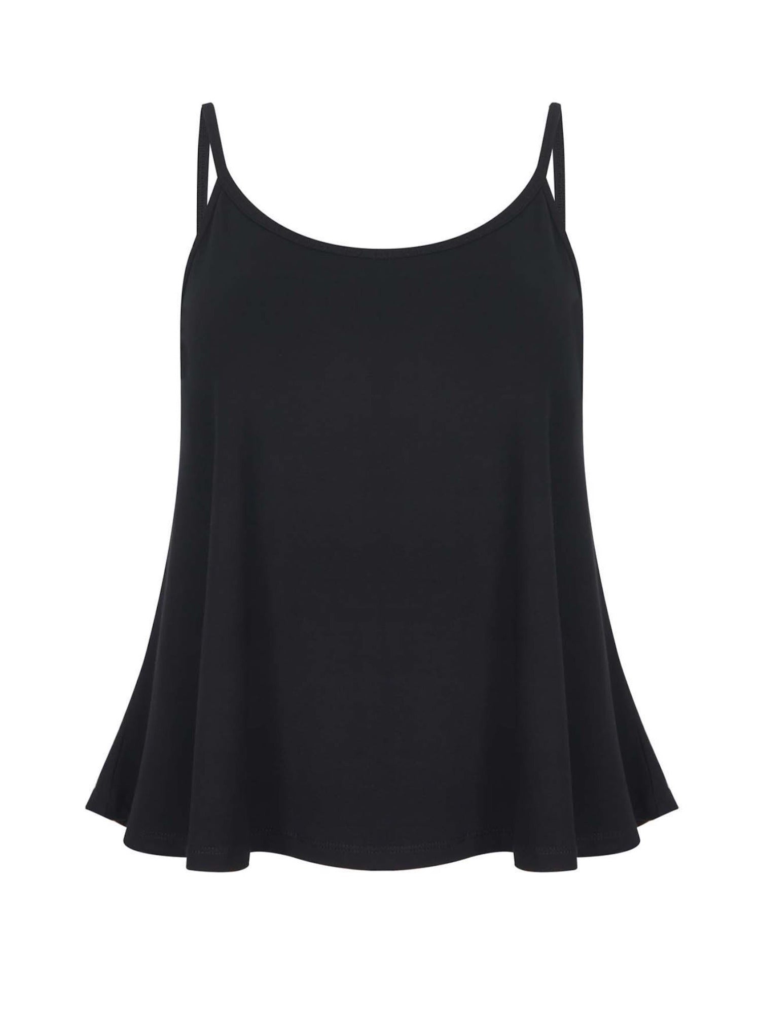 black swing style singlet with a scoop neck and elasticated camisole straps, women's bamboo clothing