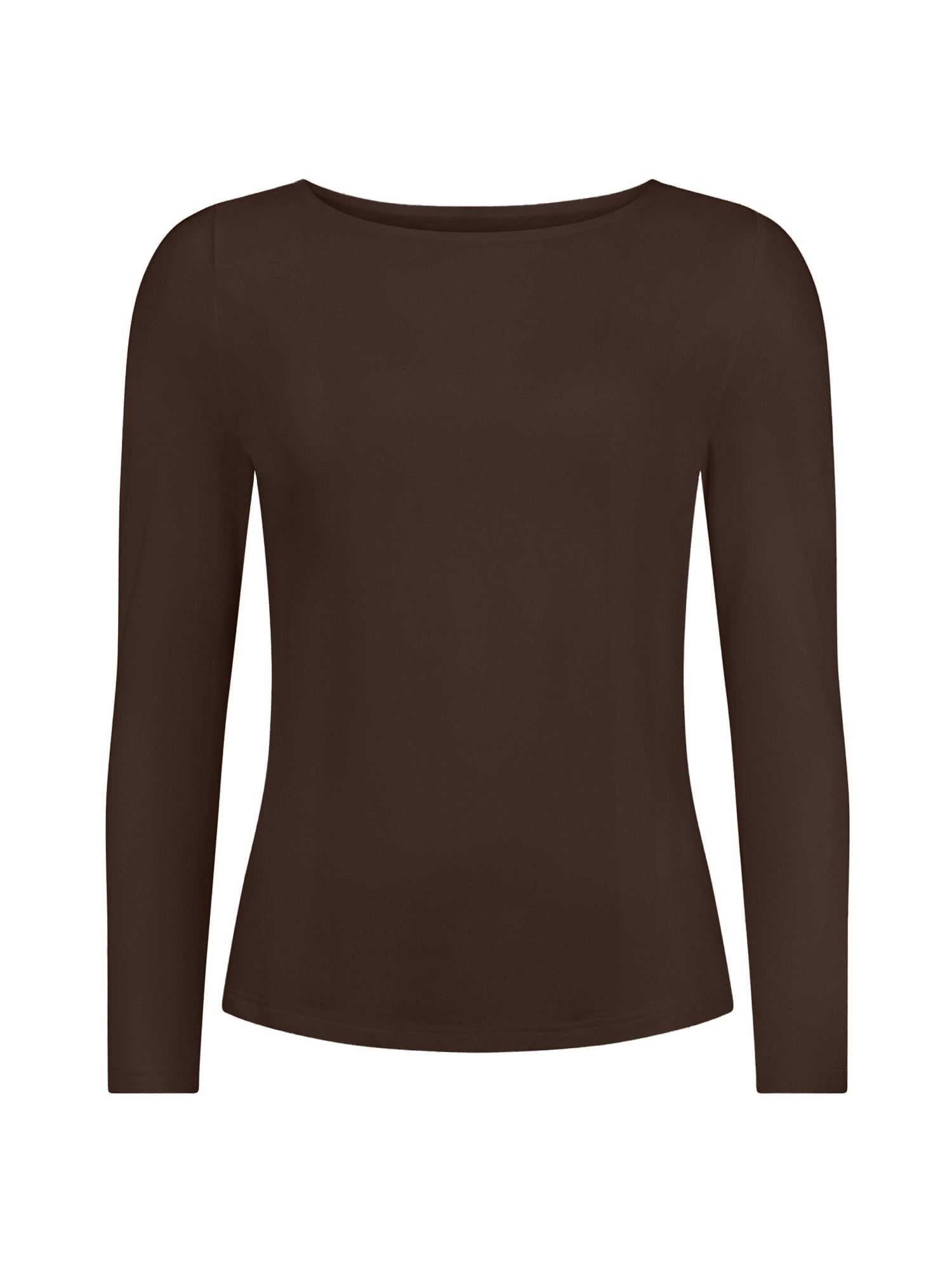 Cocoa brown boat neck long sleeve t-shirt, fitted through shoulders and chest with loose fit to waist, women's bamboo clothing