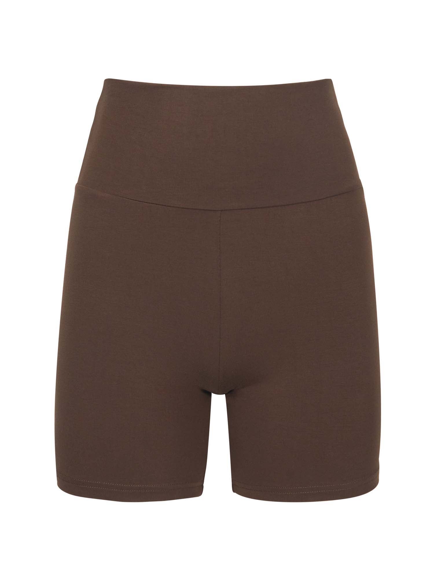 Model wearing cocoa brown mid thigh length sporty shorts with adjustable high waistband, women's bamboo clothing