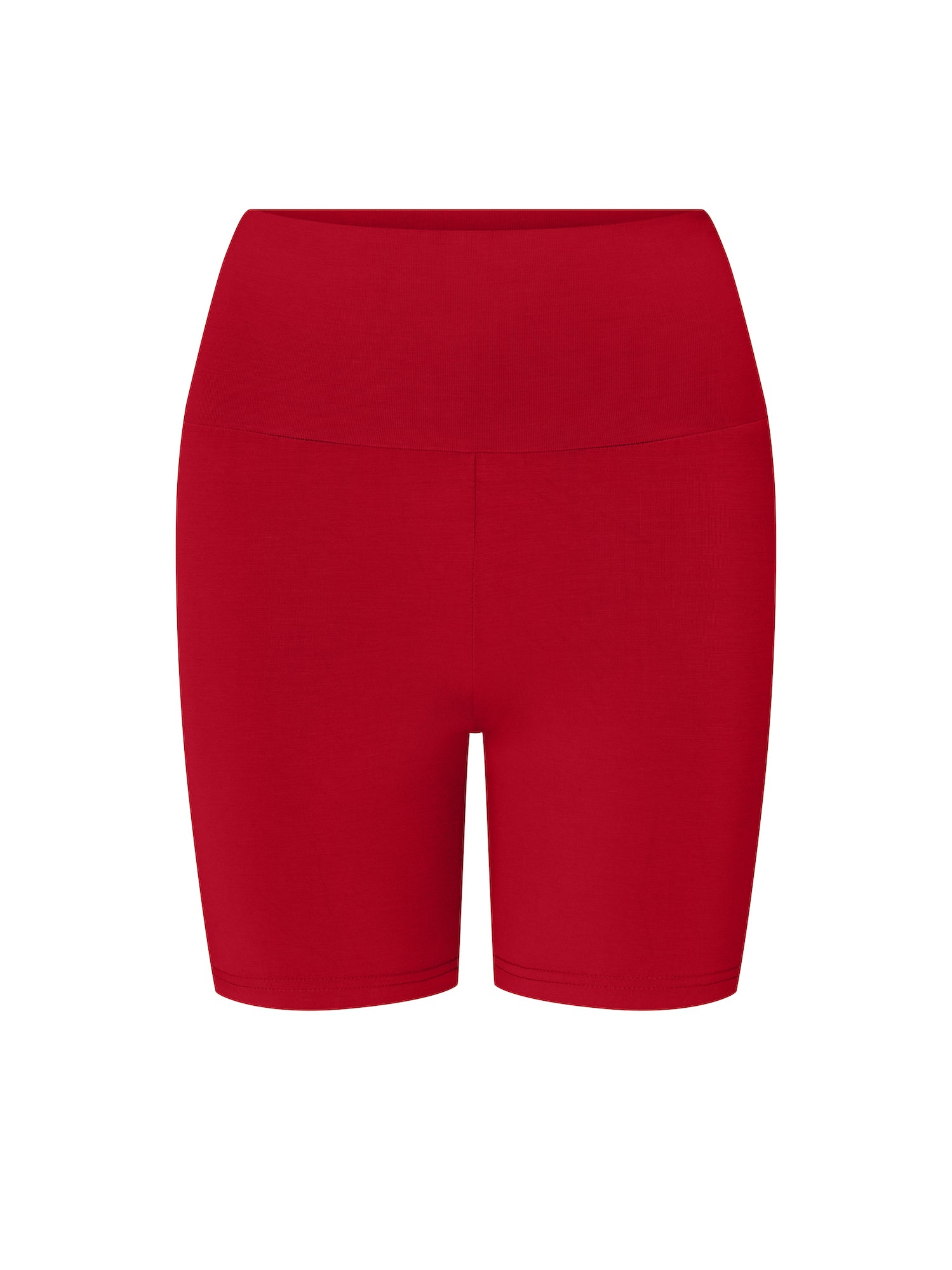 chili pepper red mid thigh length sporty shorts with adjustable high waistband, women's bamboo clothing