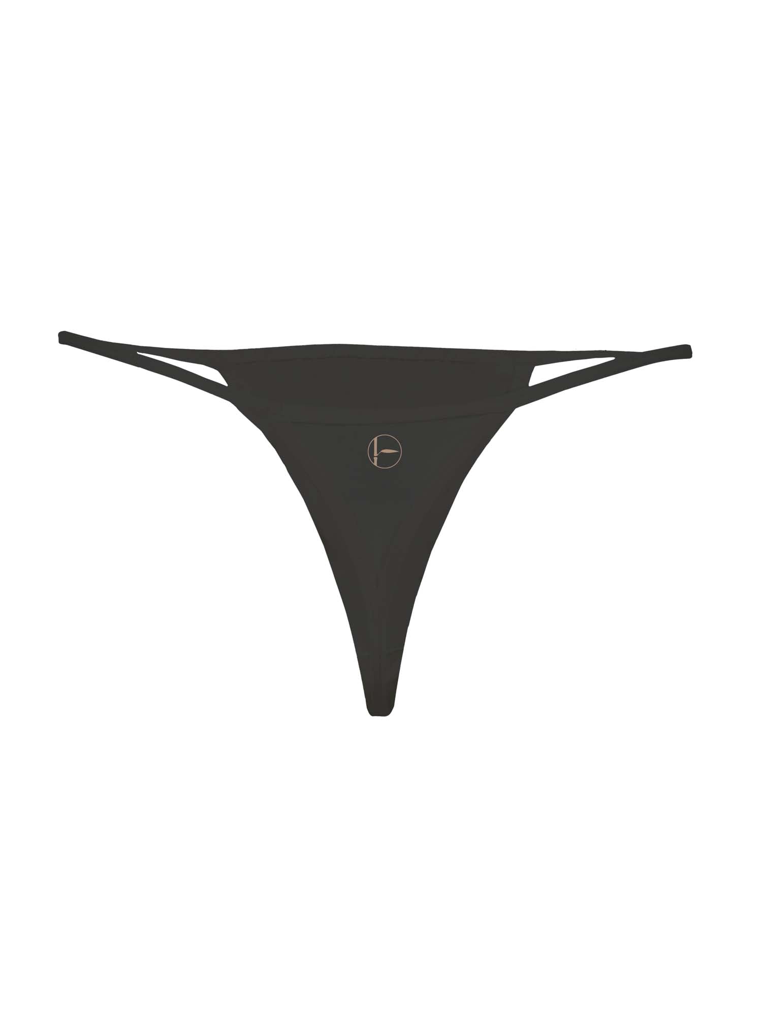 Model wearing a black barely there, string style g-string, women's bamboo underwear