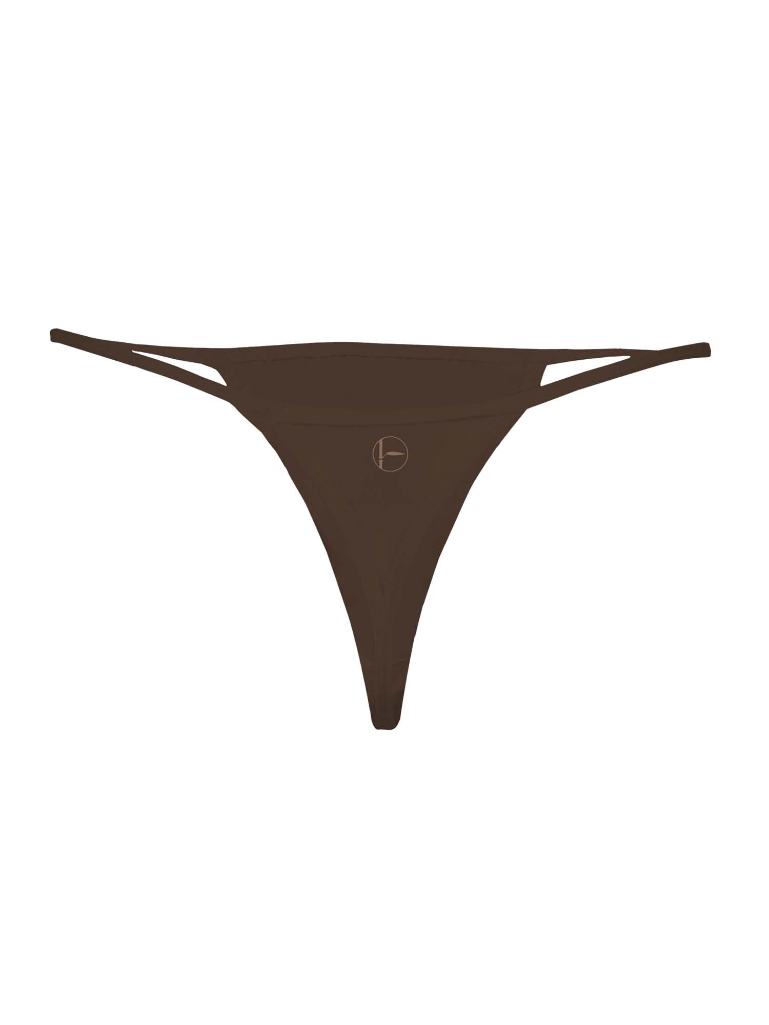 Model wearing a cocoa brown barely there, string style g-string, women's bamboo underwear