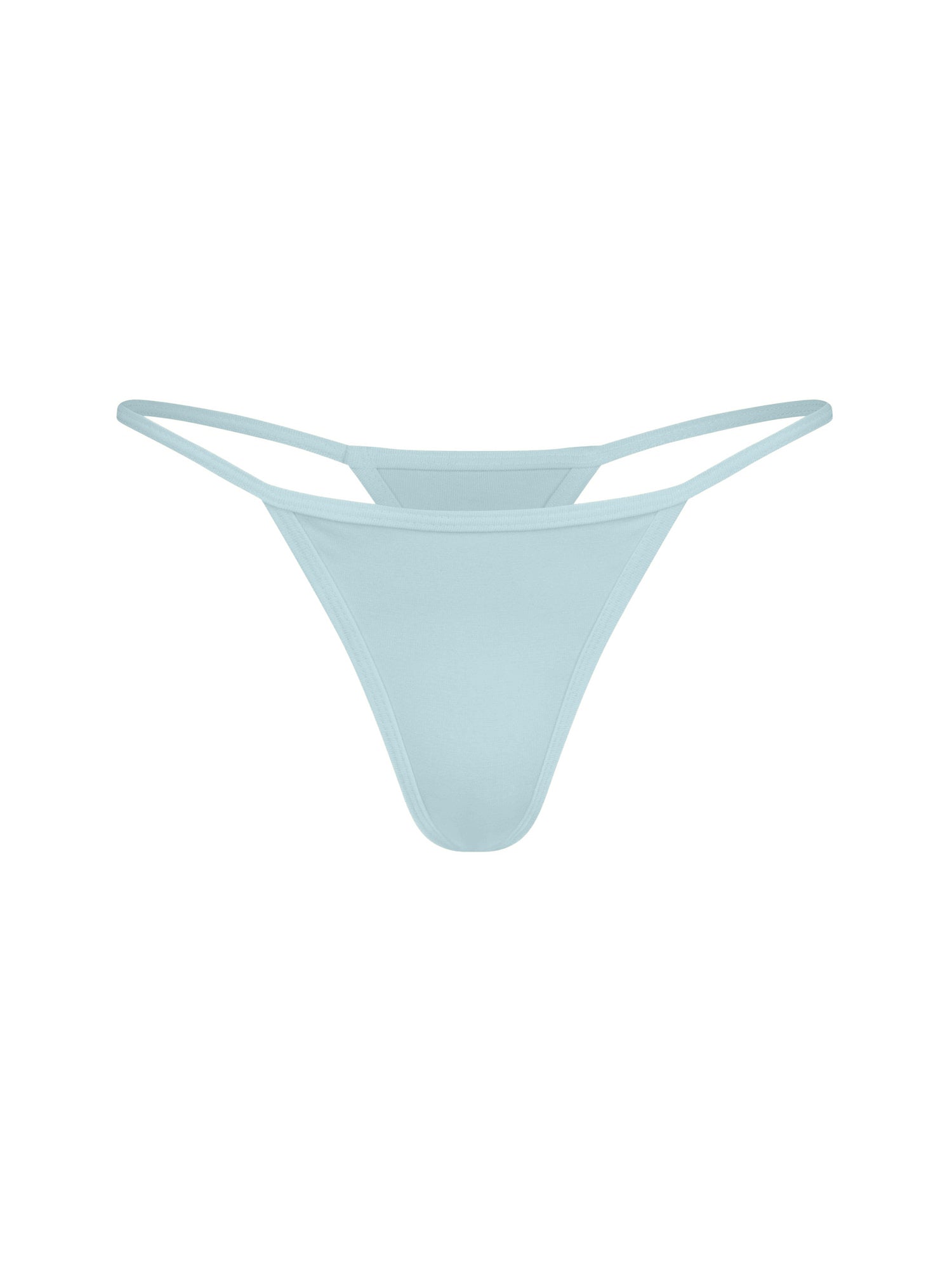 Light blue g-string thong bikini bottom on a white background
