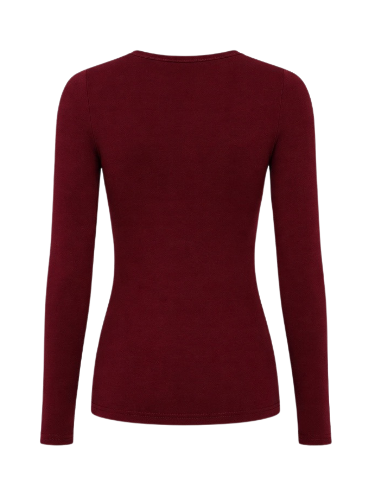 A long-sleeve crewneck top in a deep burgundy color, shown from the back on a plain white background.