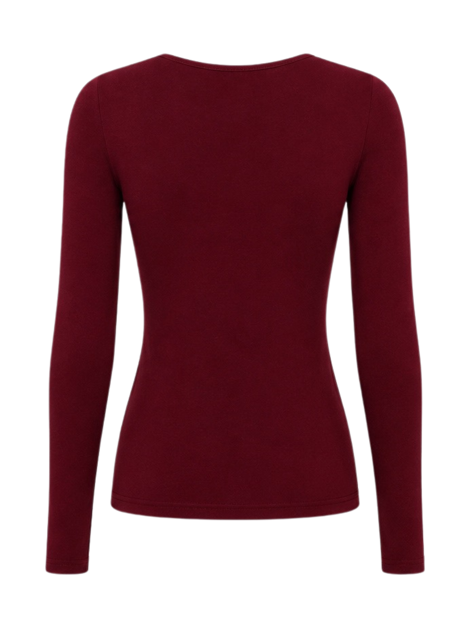 A long-sleeve crewneck top in deep burgundy, shown from the back on a plain white background.