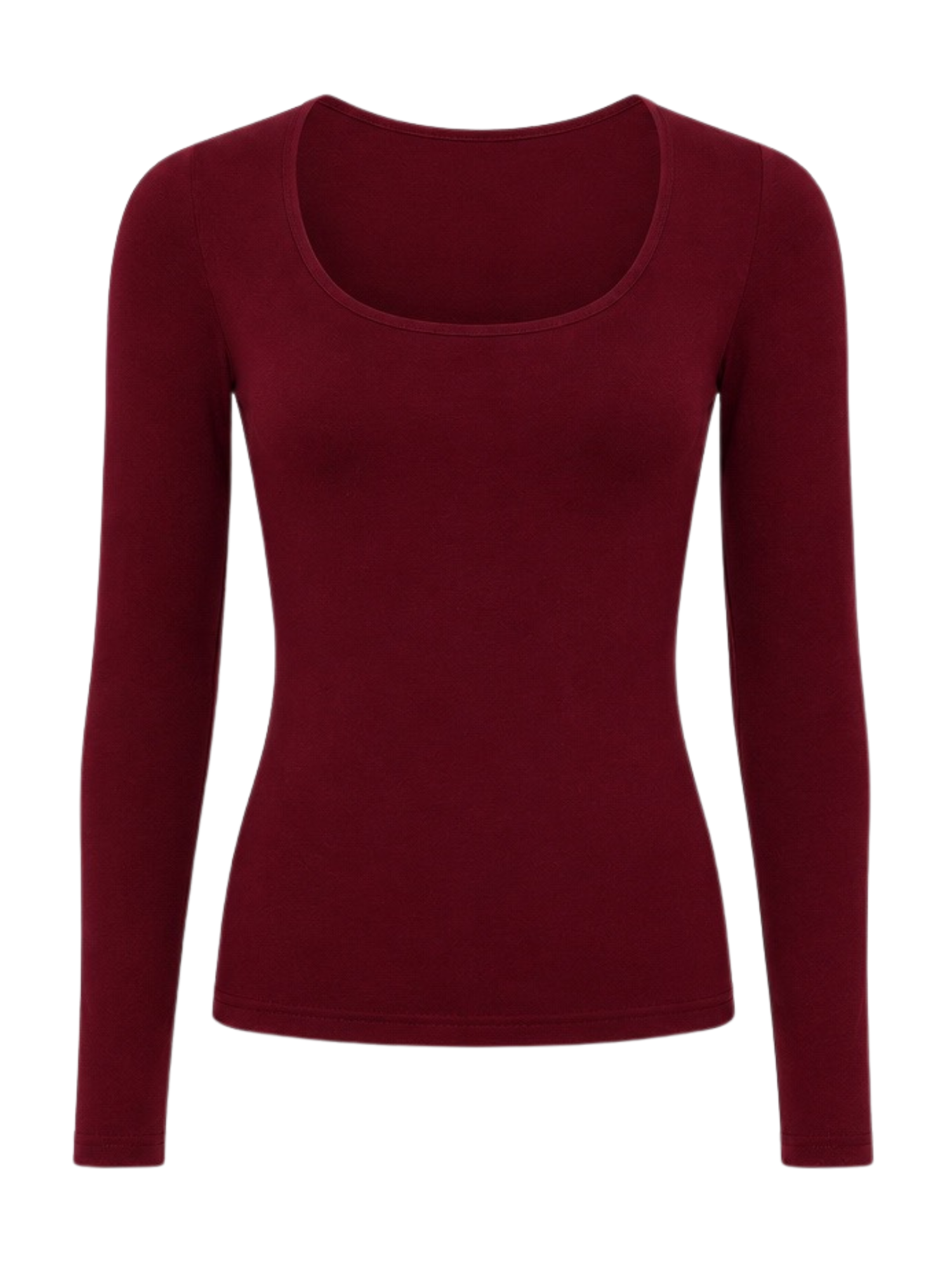 A women's long-sleeve scoop neck top in a deep burgundy red, shown against a plain white background.