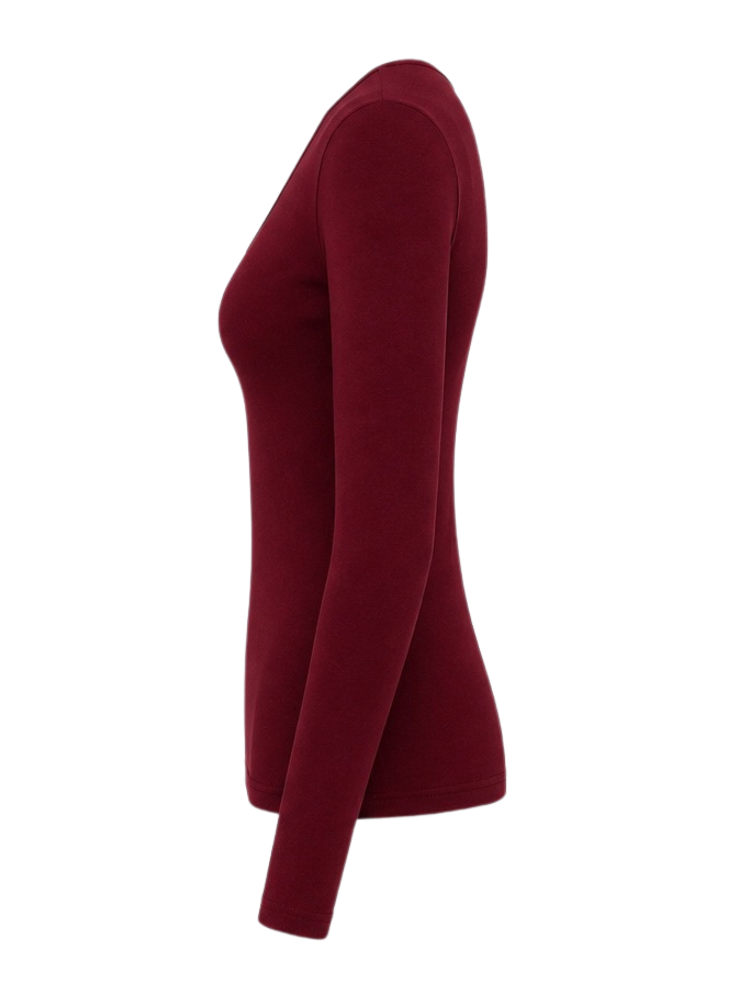 A long-sleeve crewneck top in deep burgundy, shown from a side profile view on a plain white background.