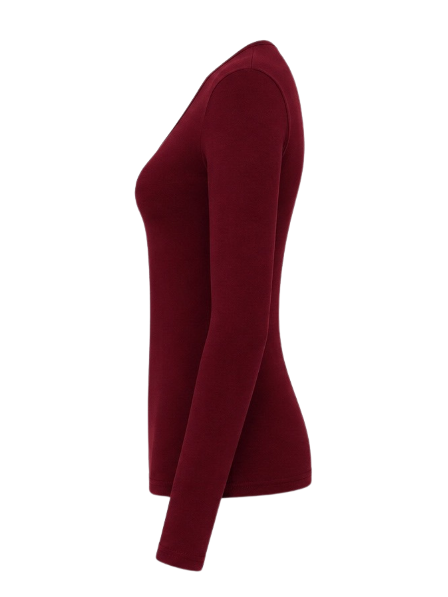 A long-sleeve, vee neck top in deep burgundy, shown from a side profile view against a plain white background.