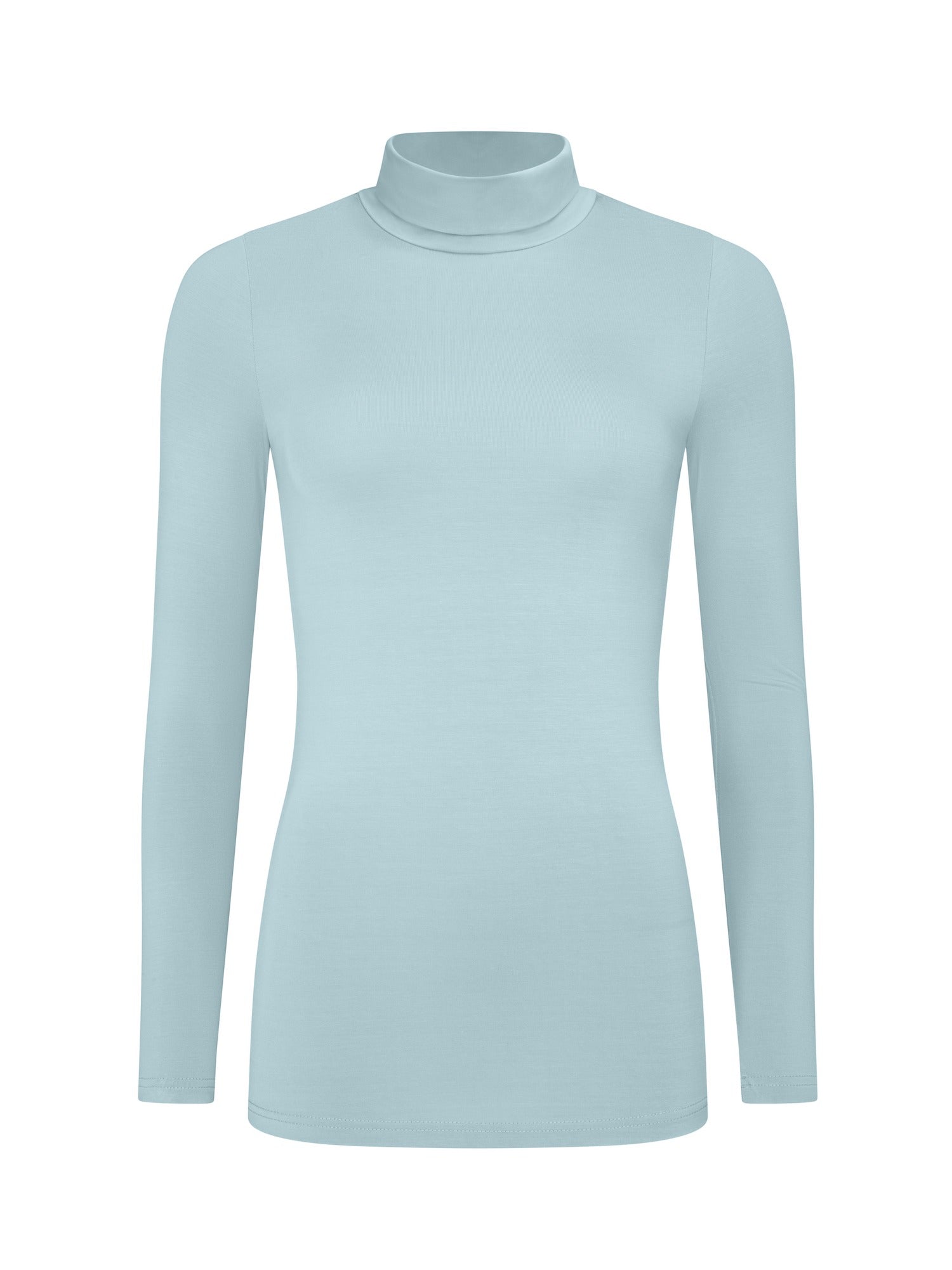Light blue turtleneck sweater on a white background