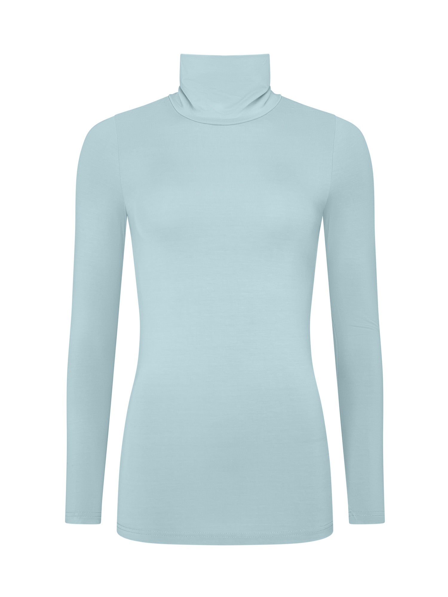 Pale blue turtleneck skivvy on white background