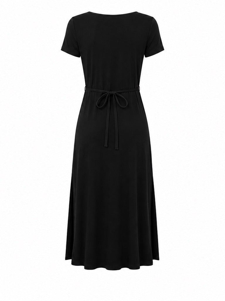 Bamboo Short Slv Scoop Neck Midi Dress - Black