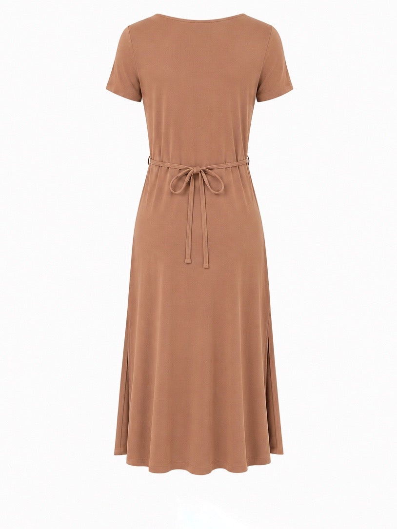 Bamboo Short Slv Scoop Neck Midi Dress - Toffee