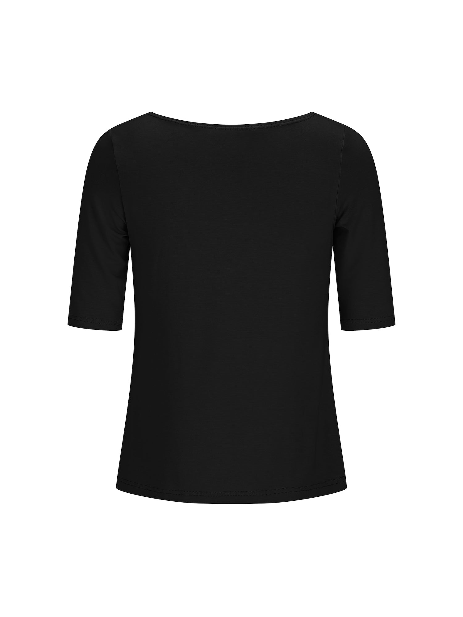 Black bamboo boat neck t-shirt with three-quarter sleeves on a white background
