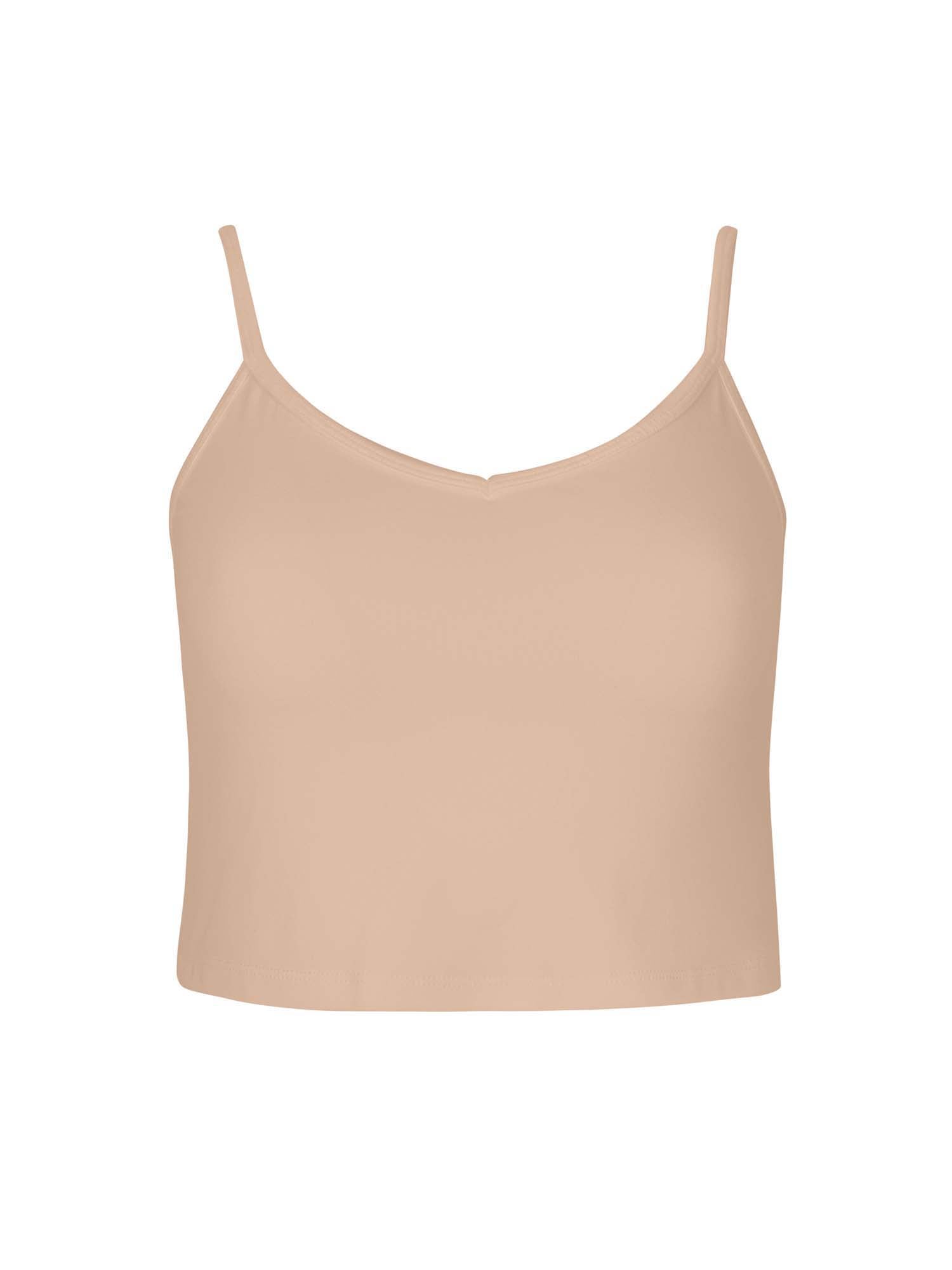 Caramel crop layering singlet with camisole straps, v neckline, fitted body in crop length, women's bamboo clothing