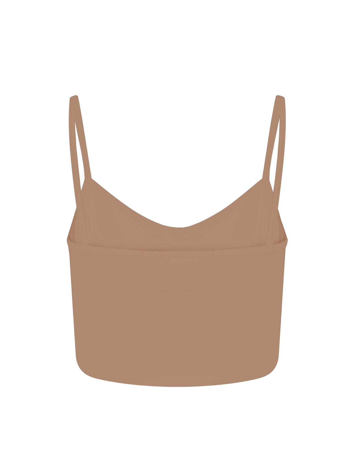 Caramel crop layering singlet with camisole straps, v neckline, fitted body in crop length, women's bamboo clothing