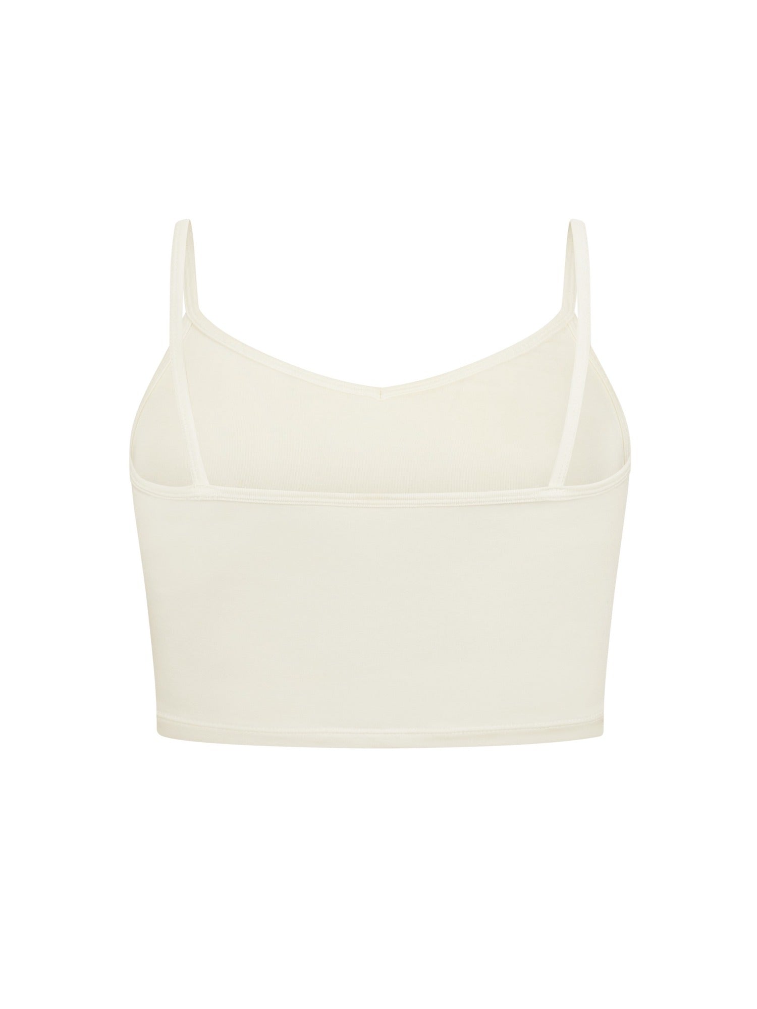 Cream crop layering singlet with camisole straps, v neckline, fitted body in crop length, women's bamboo clothing