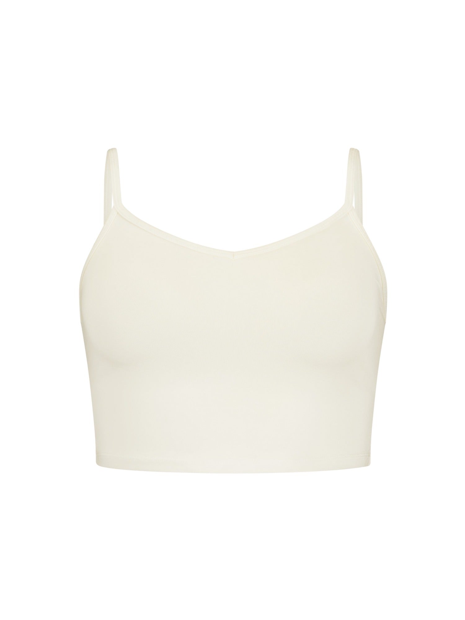 Cream crop layering singlet with camisole straps, v neckline, fitted body in crop length, women's bamboo clothing