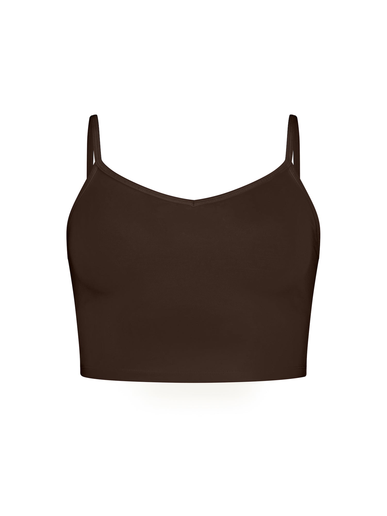 Cocoa brown crop layering singlet with camisole straps, v neckline, fitted body in crop length, women's bamboo clothing