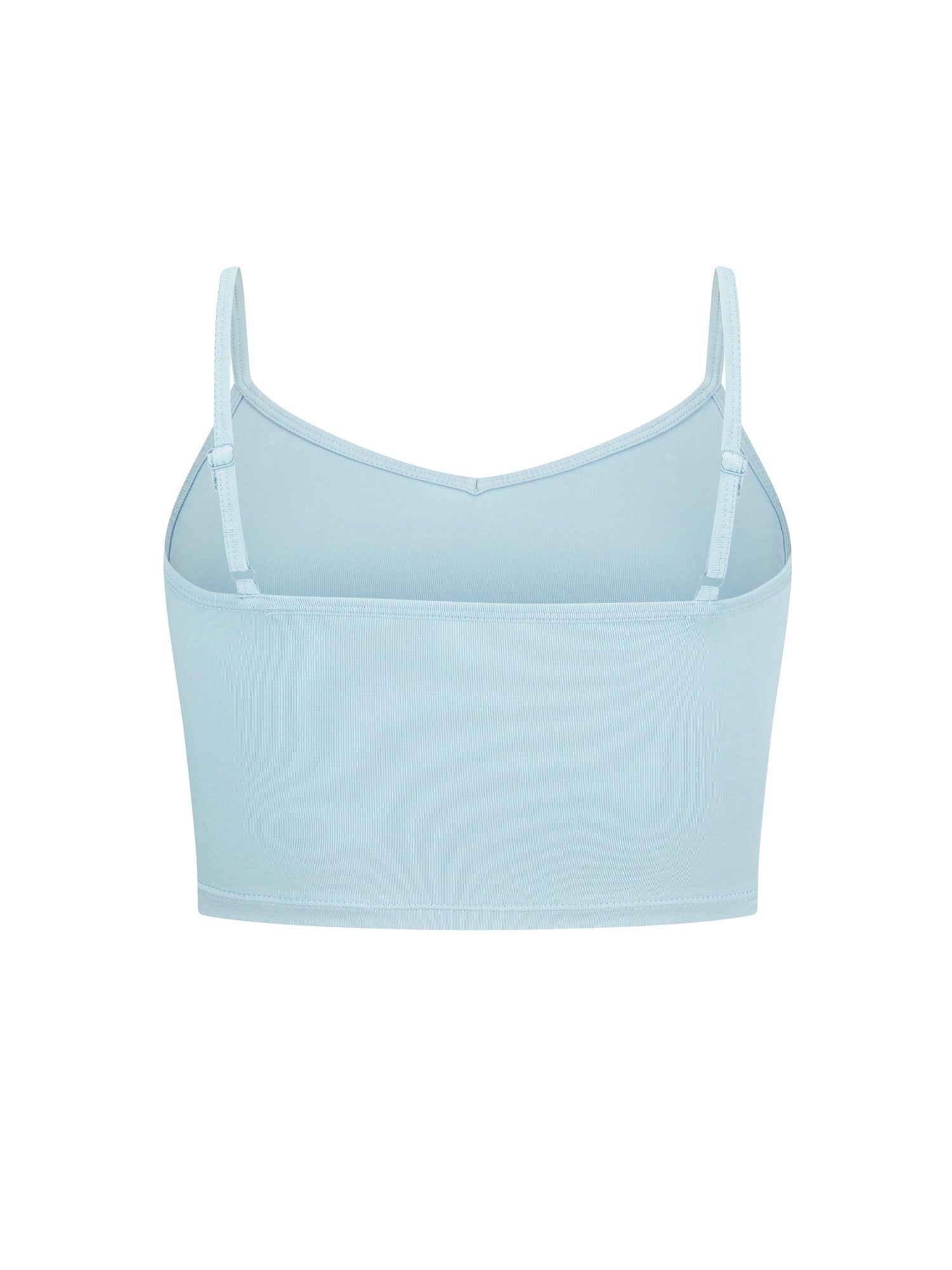 Light Topaz blue crop top with thin adjustable straps on a white background, women's bamboo clothing