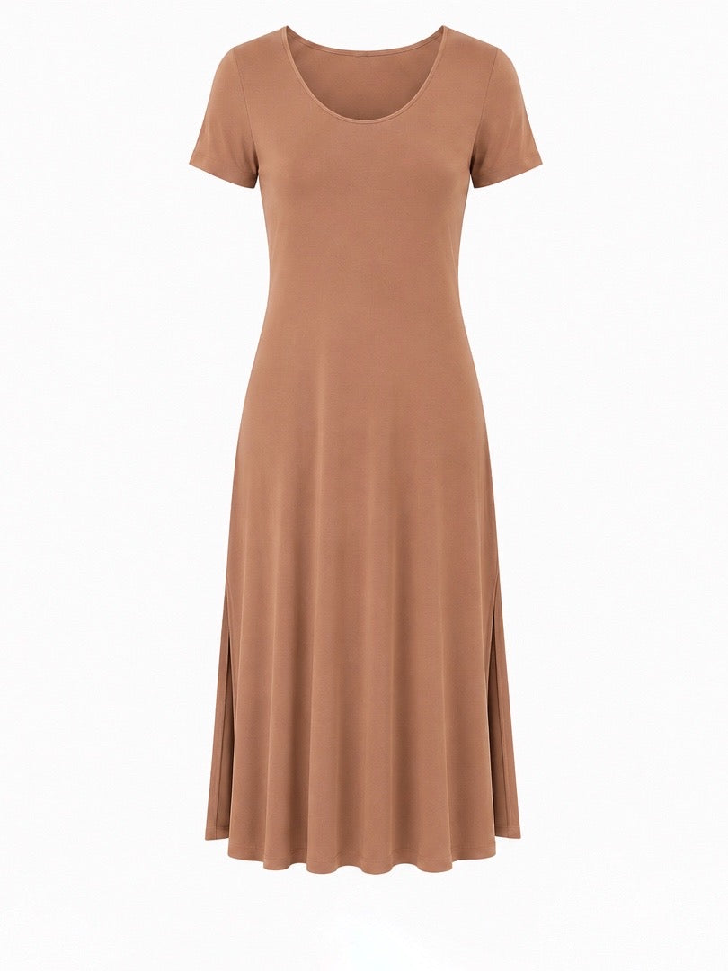 Bamboo Short Slv Scoop Neck Midi Dress - Toffee