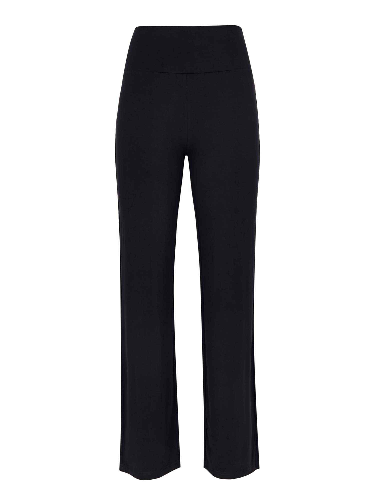 Model wearing black full length straight leg pants, double layered adjustible/high waistband, classic cut, women's bamboo clothing