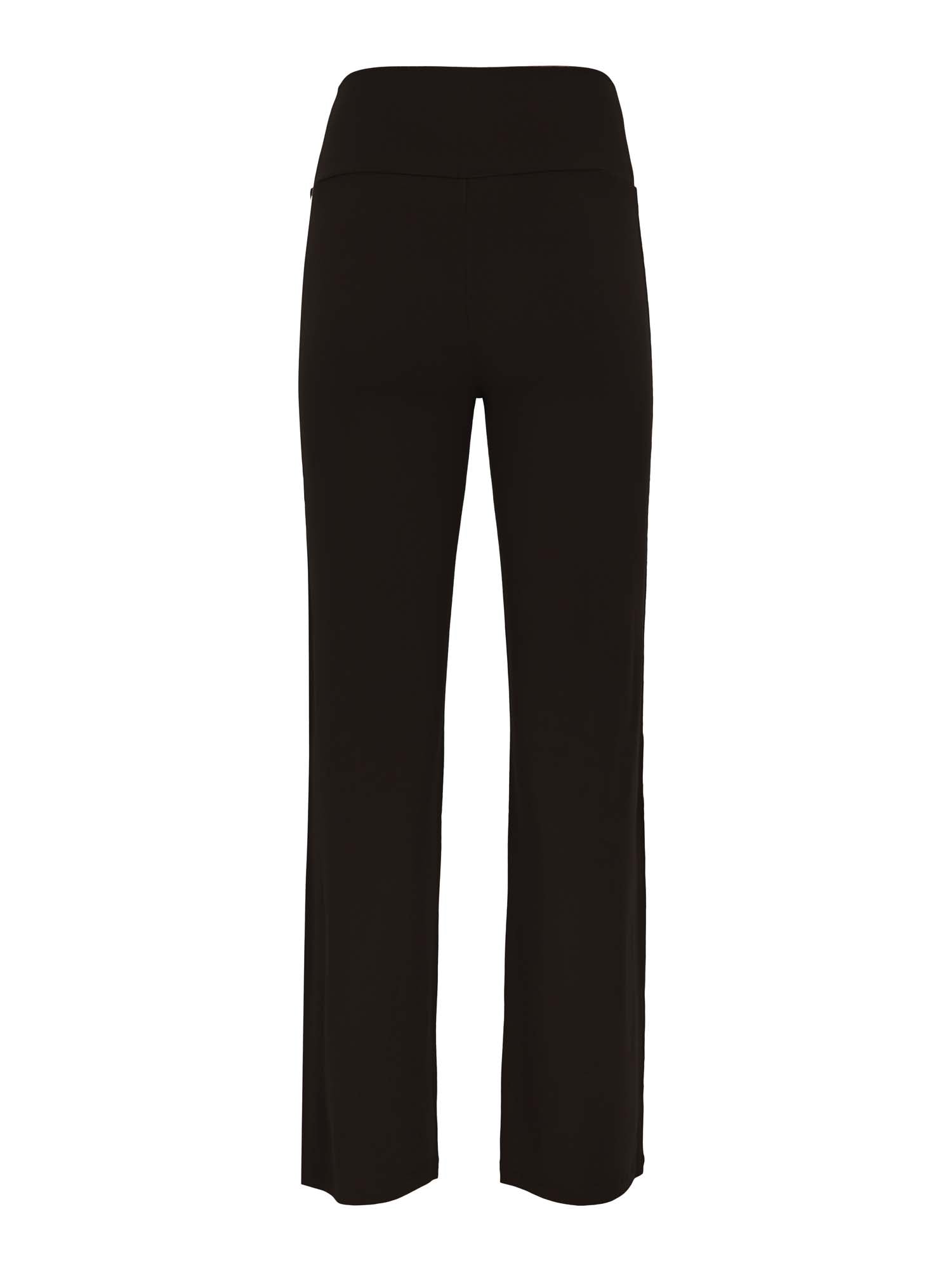 Model wearing black full length straight leg pants, double layered adjustible/high waistband, classic cut, women's bamboo clothing