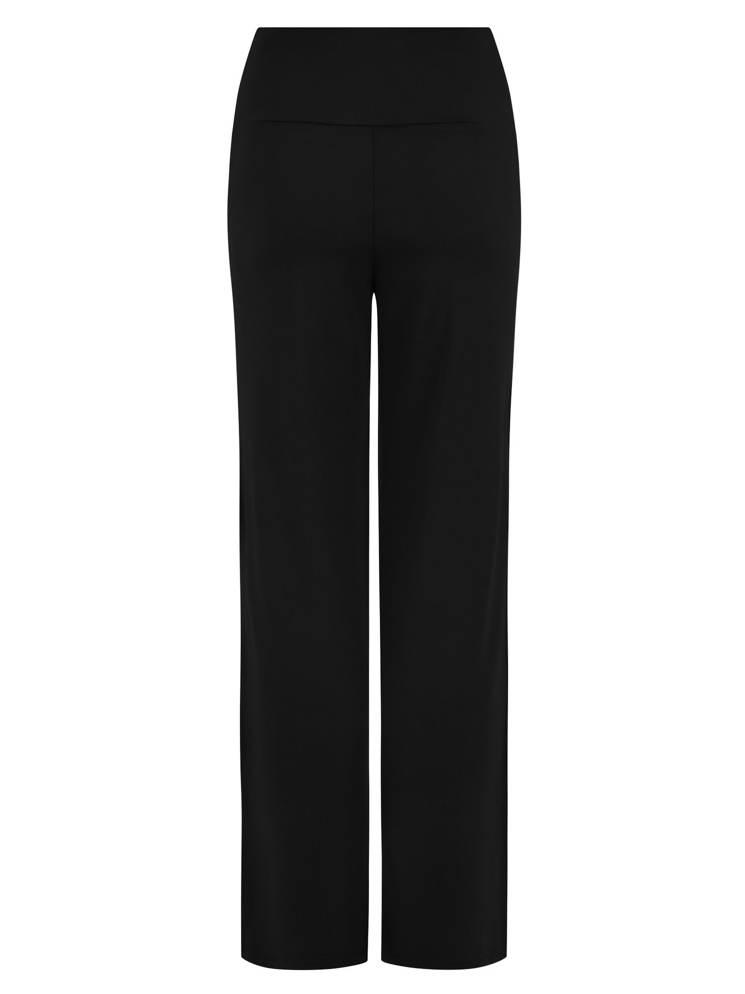 Black full length straight leg pants, double layered adjustable/high waistband, classic cut, women's bamboo clothing