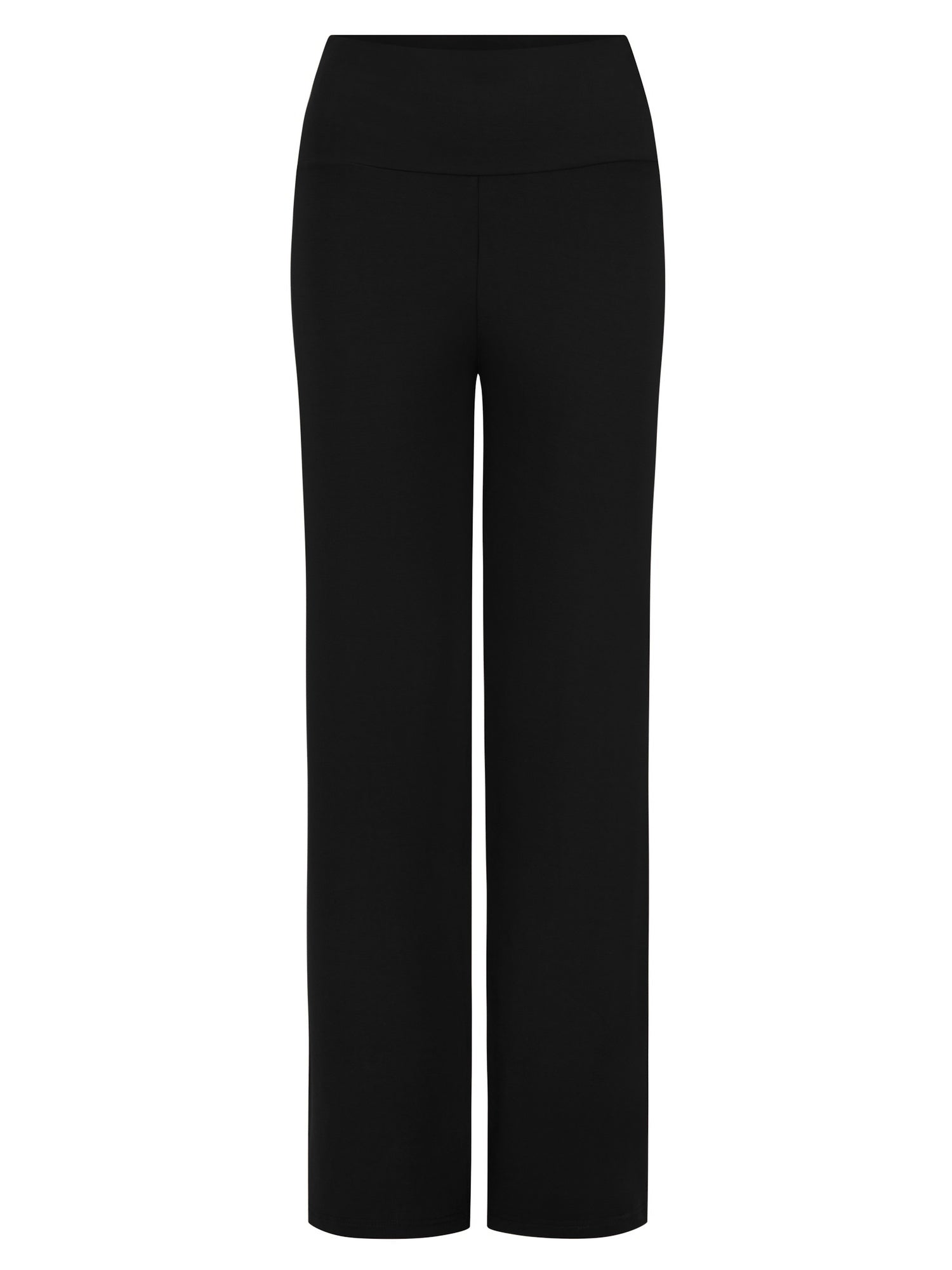 Black full length straight leg pants, double layered adjustable/high waistband, classic cut, women's bamboo clothing