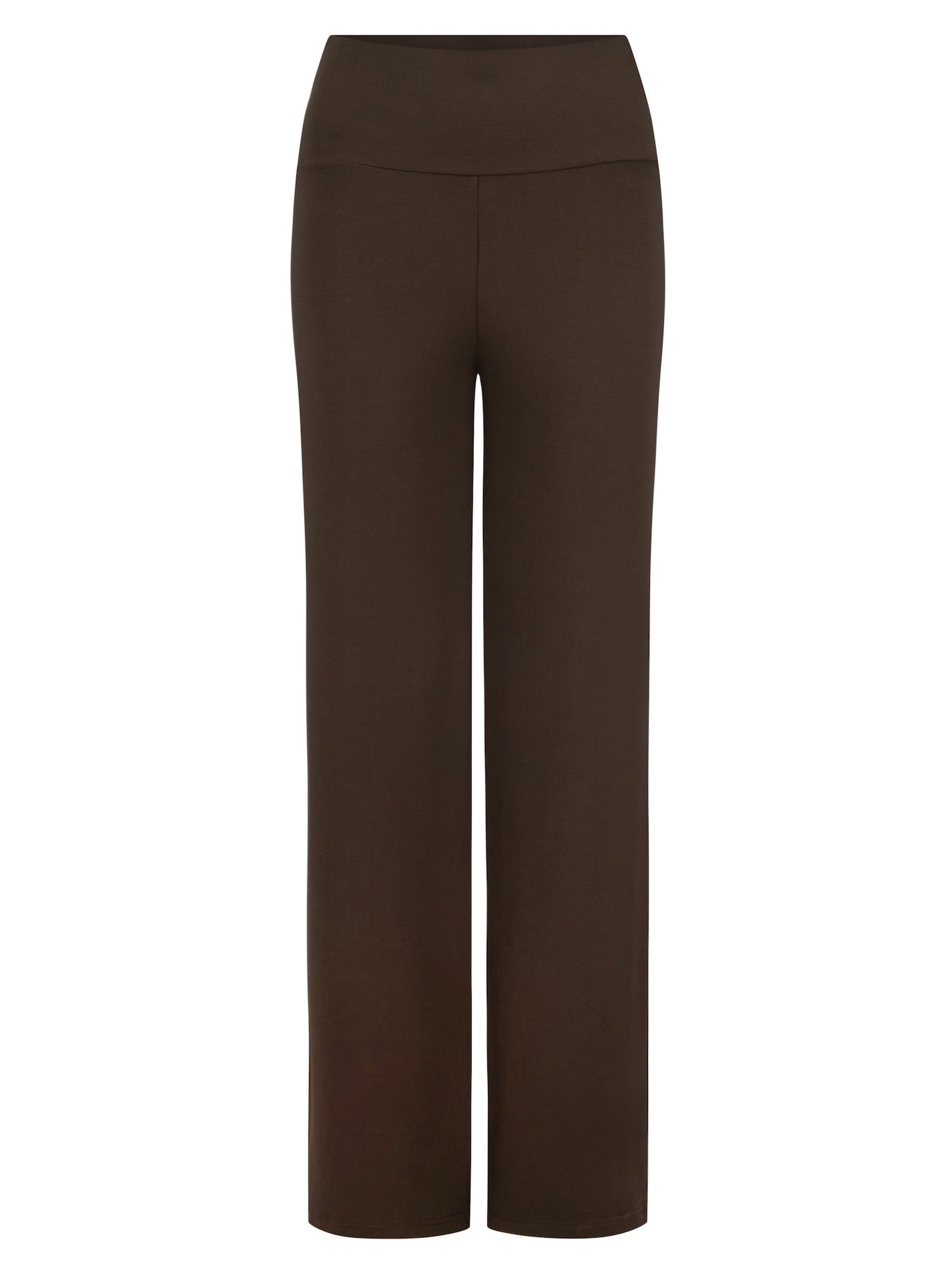 cocoa brown full length straight leg pants, double layered adjustable/high waistband, classic cut, women's bamboo clothing