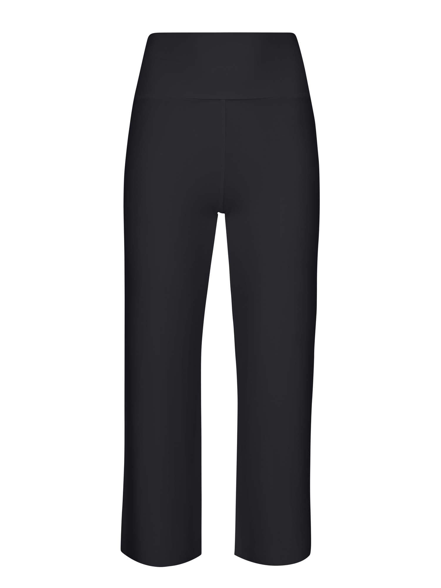 Model wearing black 7/8 length resort pants, double layered adjustable high waistband, classic design, women's bamboo clothing