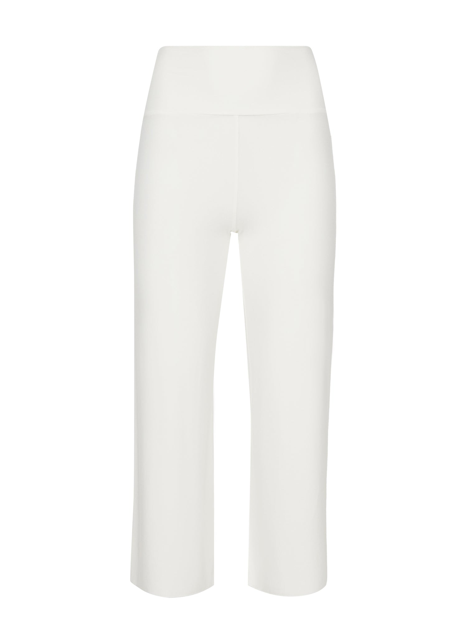 Model wearing cream 7/8 length resort pants, double layered adjustible high waistband, classic design, women's bamboo clothing