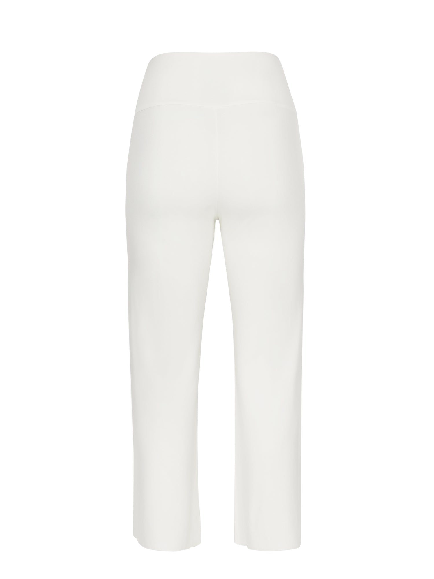 Model wearing cream 7/8 length resort pants, double layered adjustible high waistband, classic design, women's bamboo clothing