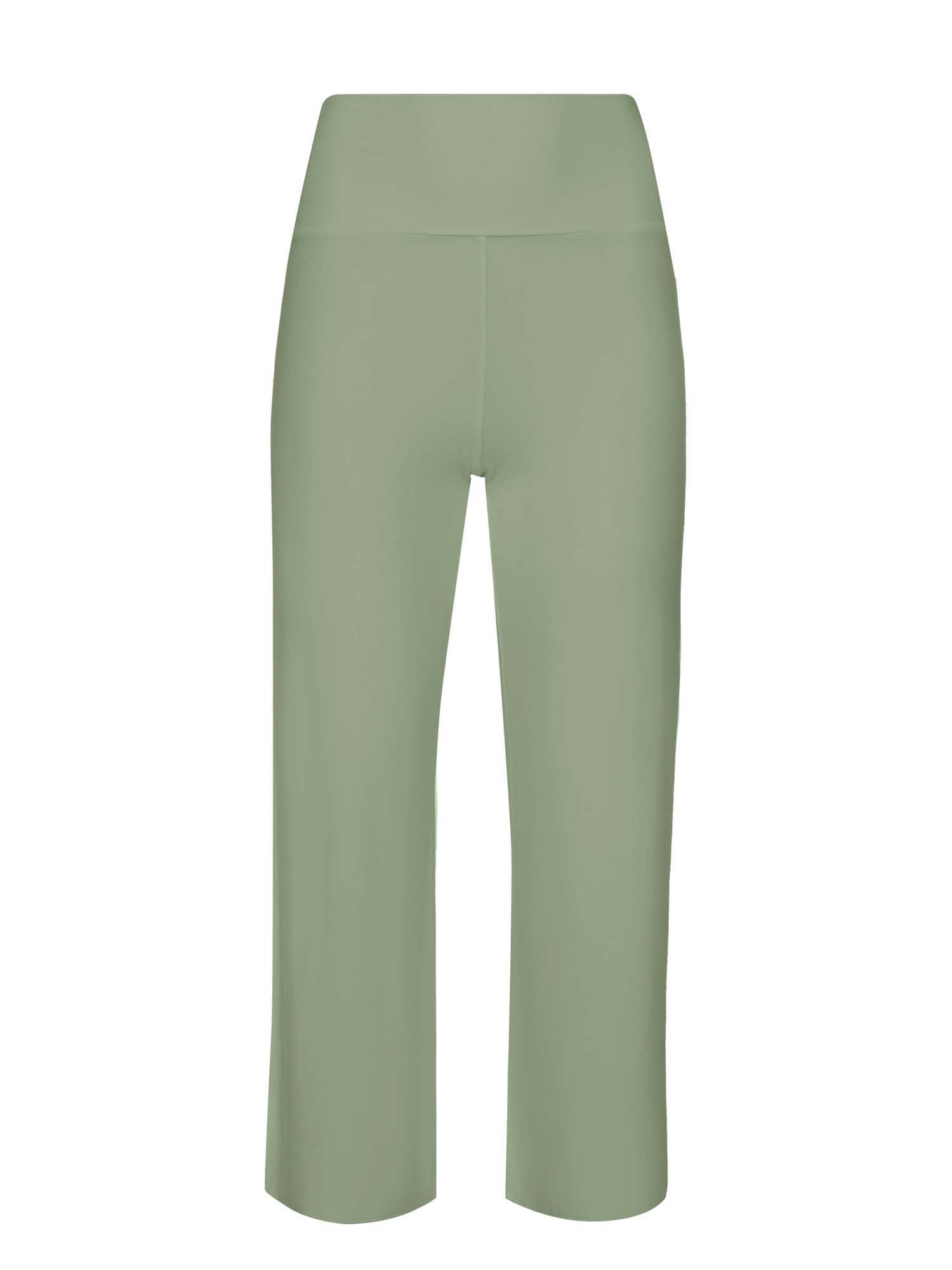 Model wearing eucalyptus green 7/8 length resort pants, double layered adjustible high waistband, classic design, women's bamboo clothing