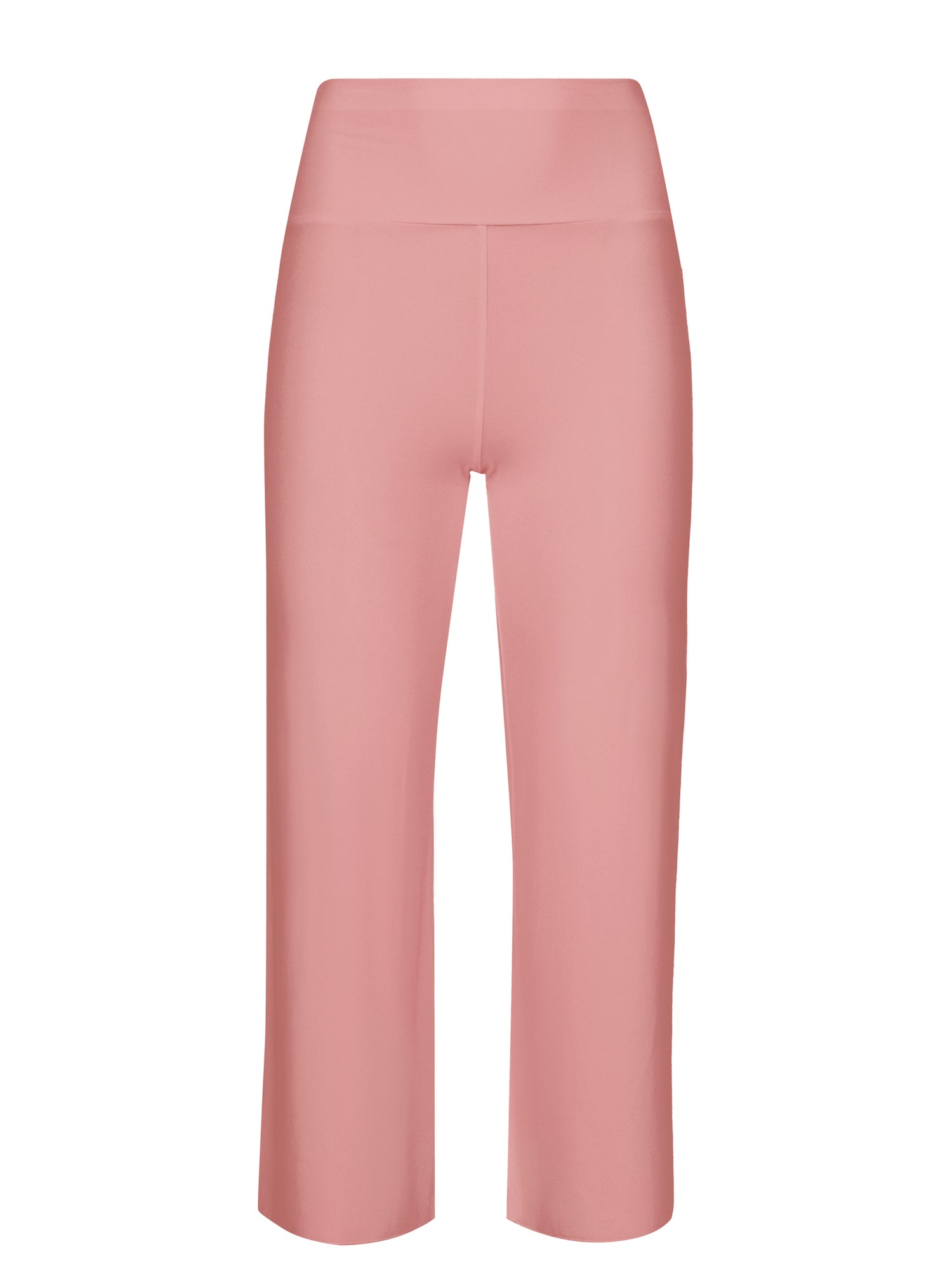 Model wearing pink 7/8 length resort pants, double layered adjustible high waistband, classic design, women's bamboo clothing